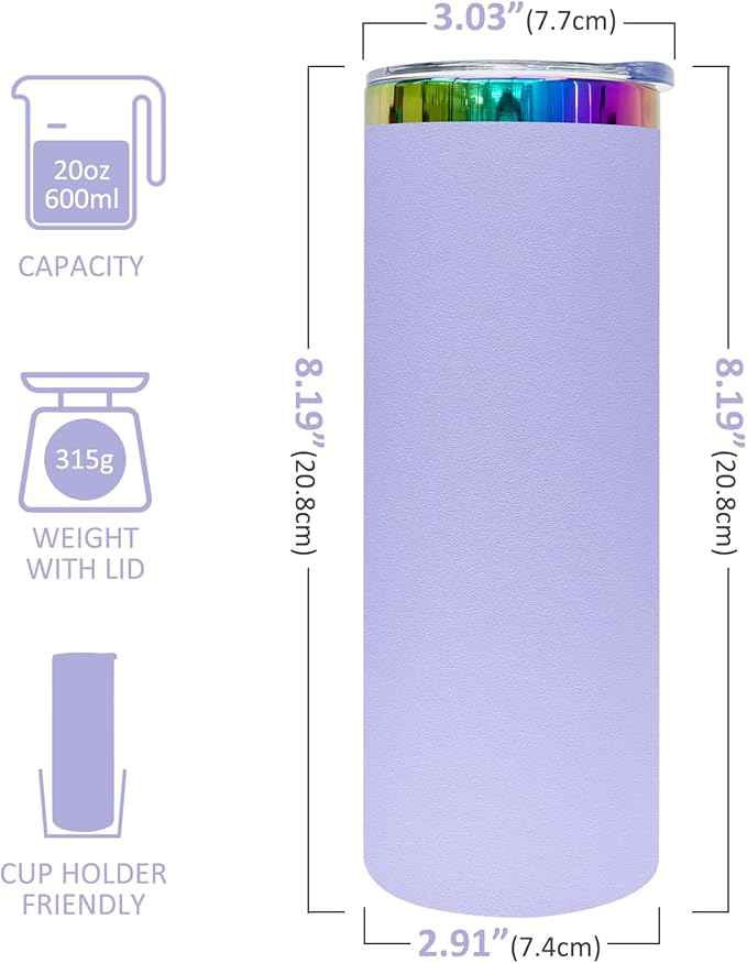 20 oz Skinny Tumblers Stainless Steel Tumbler with Lid and Straw Double Wall Vacuum Insulated Coffee Mug 20oz Powder Coated Cup for Hot and Cold Drinks(Purple,4 pack)