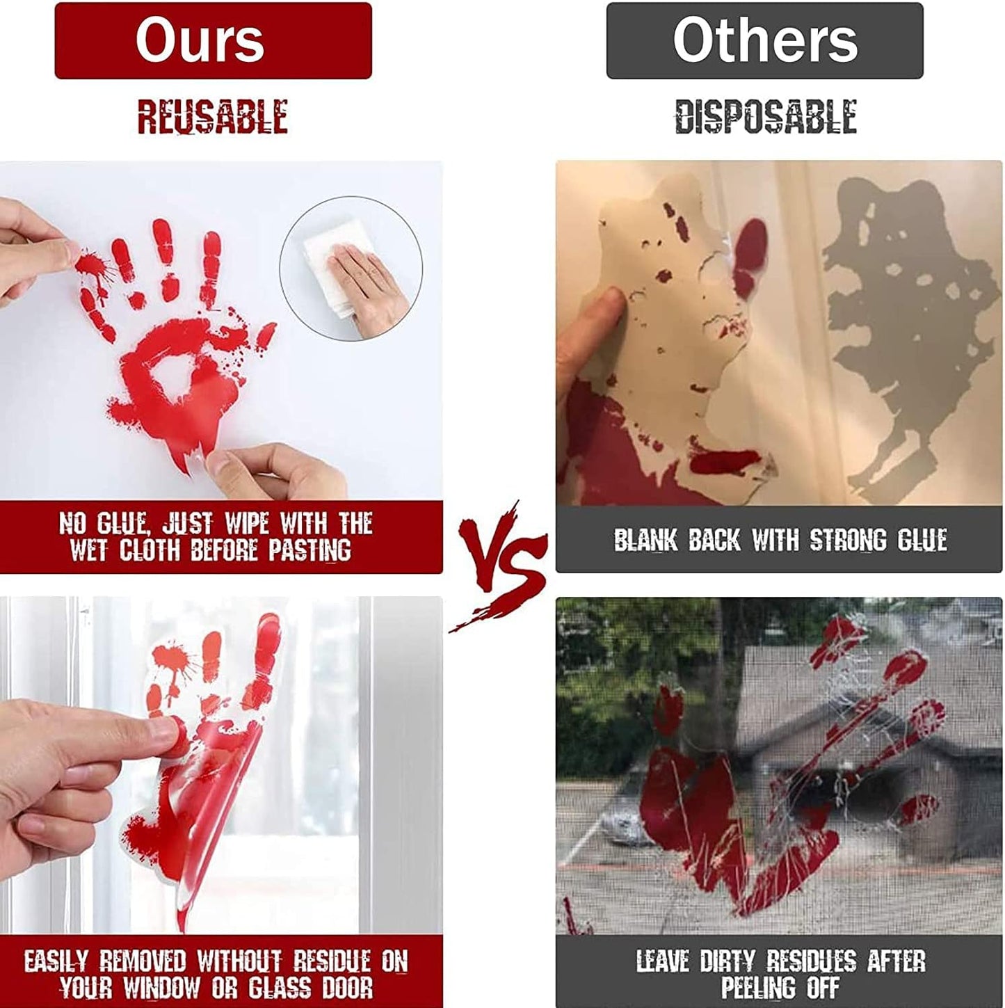 MSQ 95 Pcs Bloody Window Stickers - Removable Handprint Footprint Decals Floor Clings for Halloween Party Decorations - 9 Sheets Horror Window Stickers