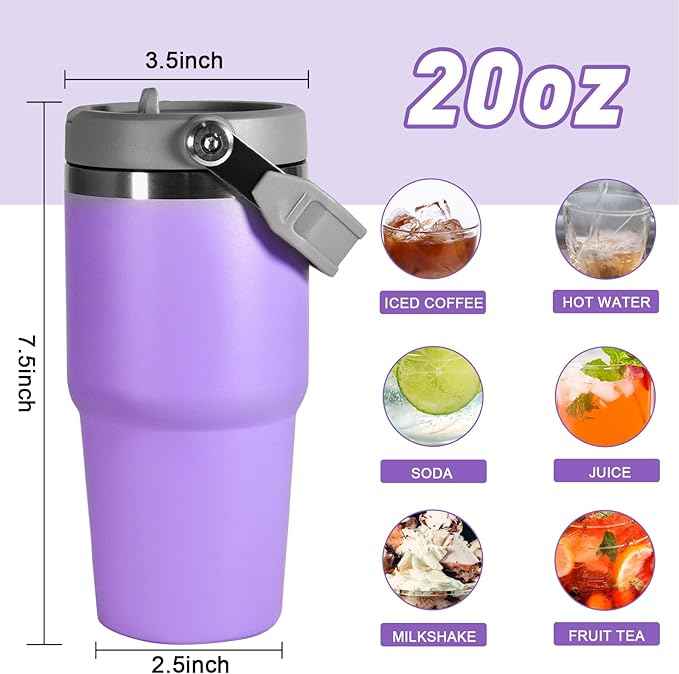 20 oz Tumbler with Handle, Insulated Tumbler with Lid and Flip Straw Leak Proof Double Wall Stainless Steel Vacuum Travel Coffee Mug Insulated Water Bottle Thermal Cup, Cupholder Friendly, Purple