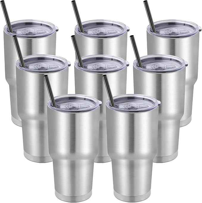 DOMICARE 30oz Tumbler Bulk with Lid and Straw, Double Wall Travel Coffee Mug, Insulated Vacuum Stainless Steel Tumblers, Powder Coated Tumbler Cup (Stainless Steel, 8)