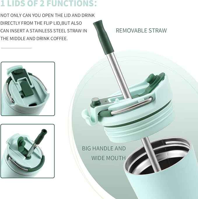 BOTTLE BOTTLE Coffee Tumbler with Dual-use Lid and Straw Double Walled Iced Travel Coffee Mug for Woman and Man 12 oz Stainless Steel Insulated Tumbler with Handle (green)