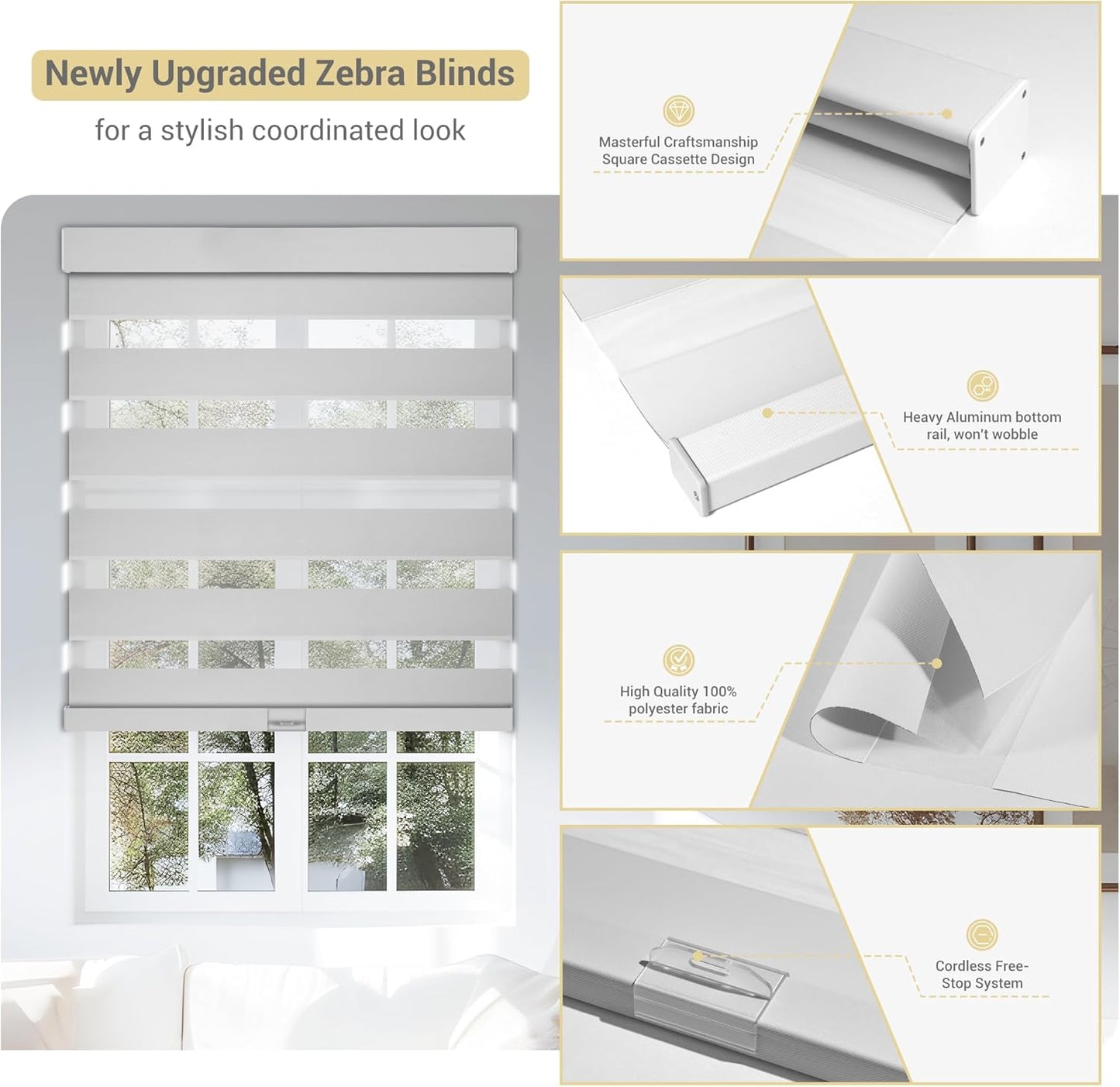 Cordless Zebra Blinds for Windows, Blackout Interior Blinds,Easy to Install,UV Protection,for Offices and Home,Custom Roller Shades, Solid White, 17" W x 56" H