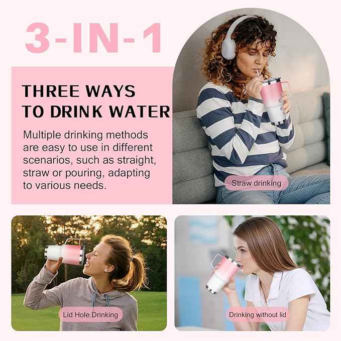 30 oz Stainless Steel Insulated Tumbler with Handle, Double Wall Vacuum Insulated Coffee Mug Tumbler, Thermal Cup for Cold and Hot (Pink White)