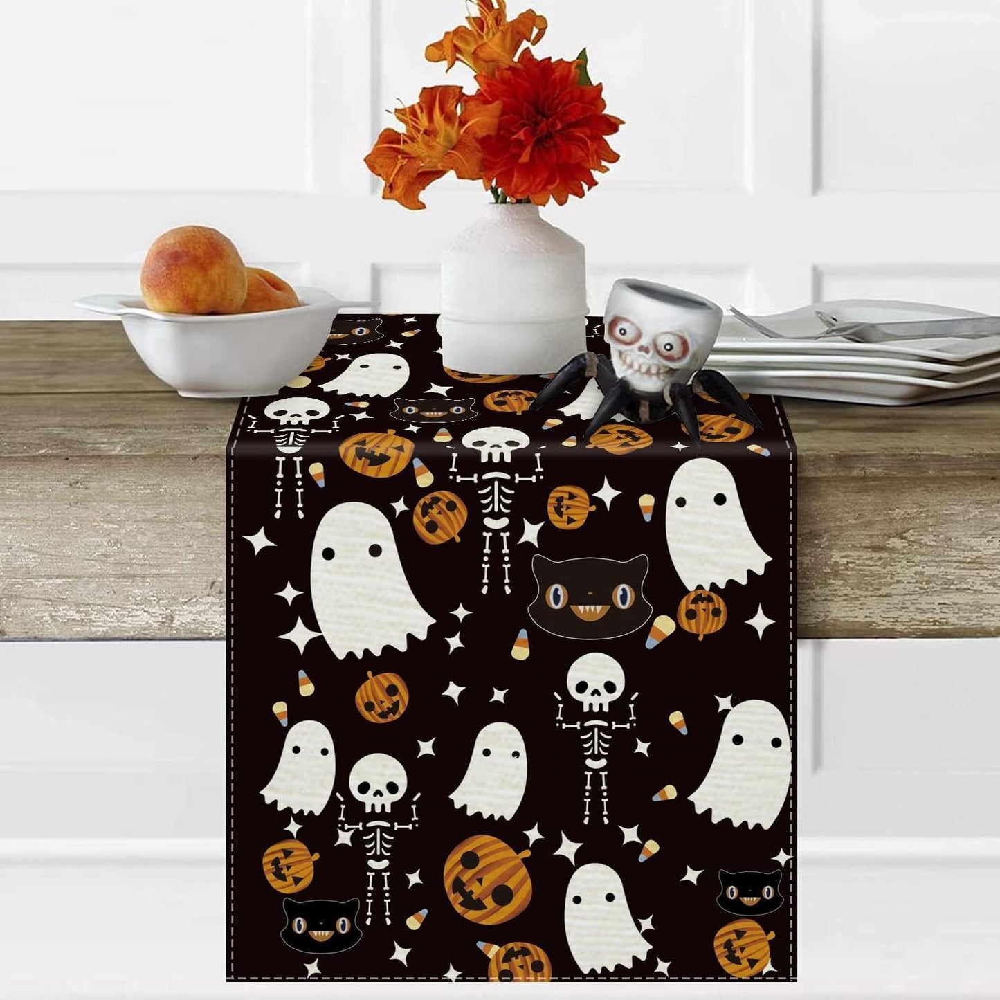 Halloween Table Runner and Placemats Set of 5, Halloween Ghost Funny Black Linen Seasonal Kitchen Dining Table Home Outdoor Party Decorations 13x72 Inch