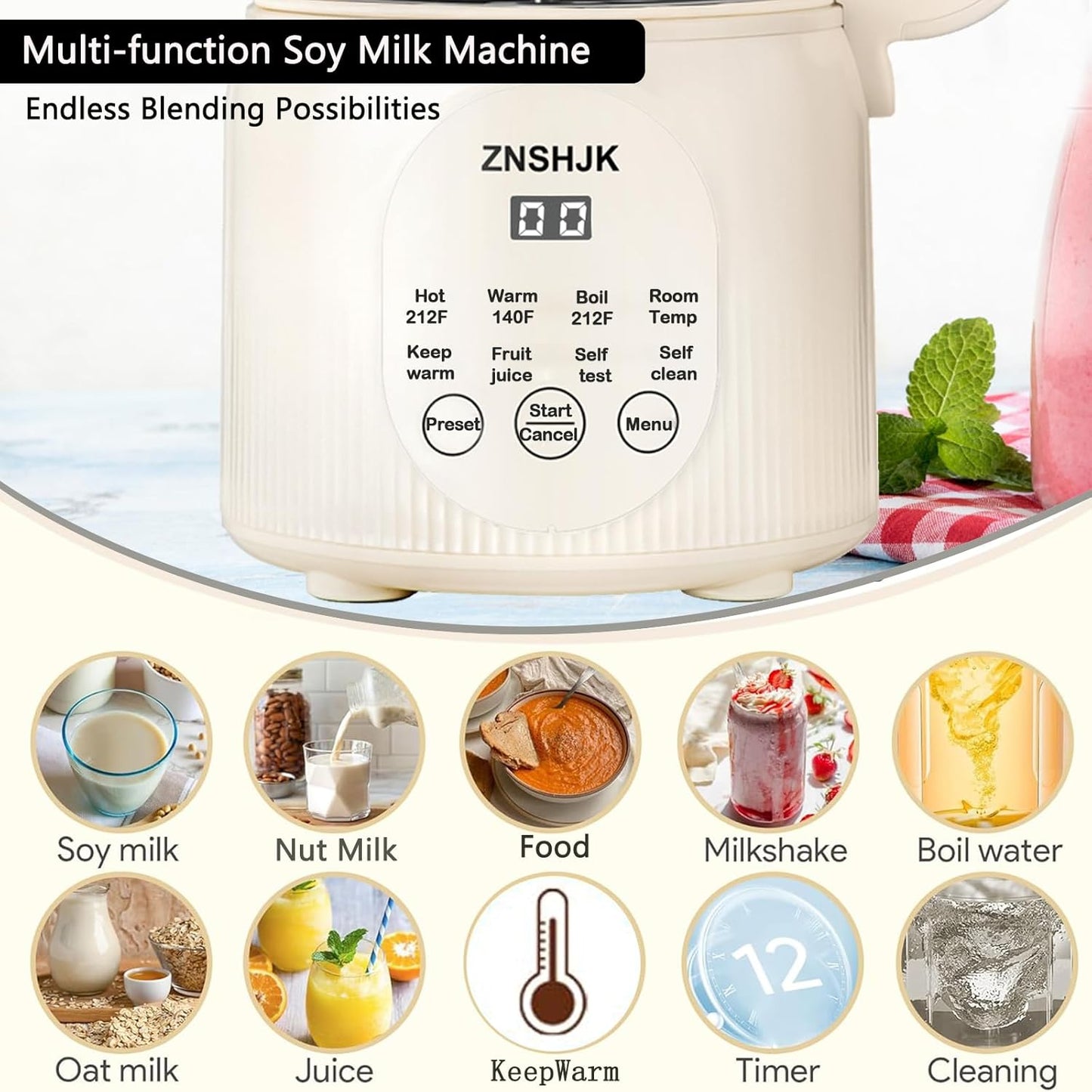 8-in-1 Nut Milk Maker, 40oz Automatic Soy, Almond & Oat Milk Machine for Homemade Plant-Based Drinks, with delay start, keep warm, boil water & self-cleaning functions