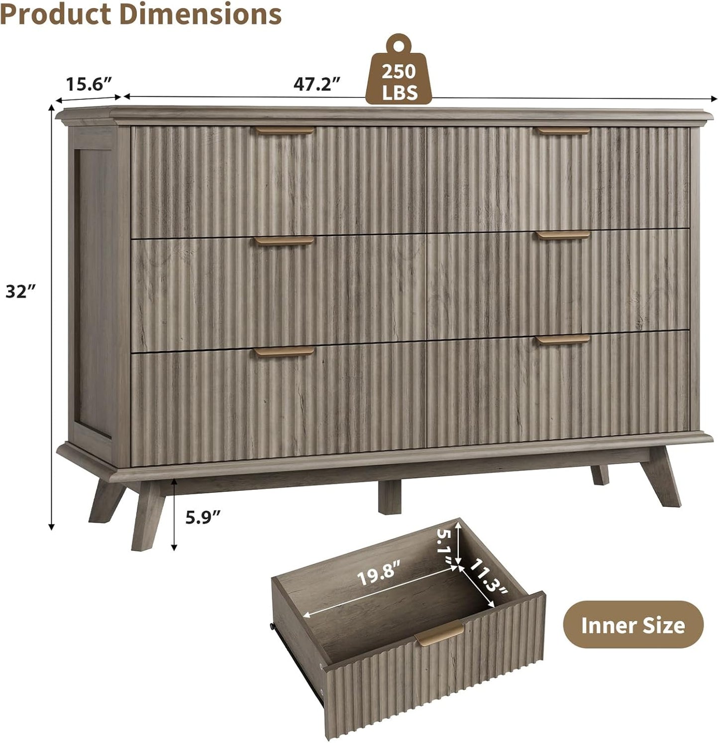 QUW Fluted Dresser for Bedroom with 6 Drawers, 47.2" Wide Modern Chest of Drawers with Metal Handle, Wooden Dresser TV Stand and Closet Clothes Storage Organizer for Living Room, Hallway, Grey