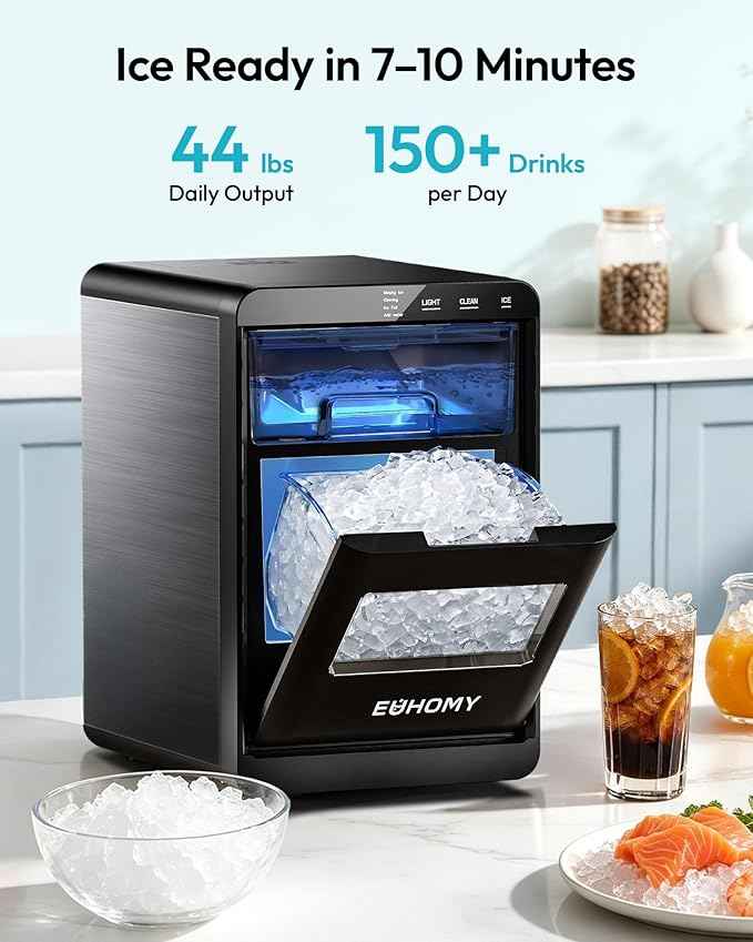 EUHOMY Nugget Ice Maker Countertop, 44Lbs/24H Sonic Ice Maker Machine, Self-Cleaning Pellet Ice Makers with Ice Scoop&Basket, Countertop Pebble Ice Maker for Home/Kitchen/Office