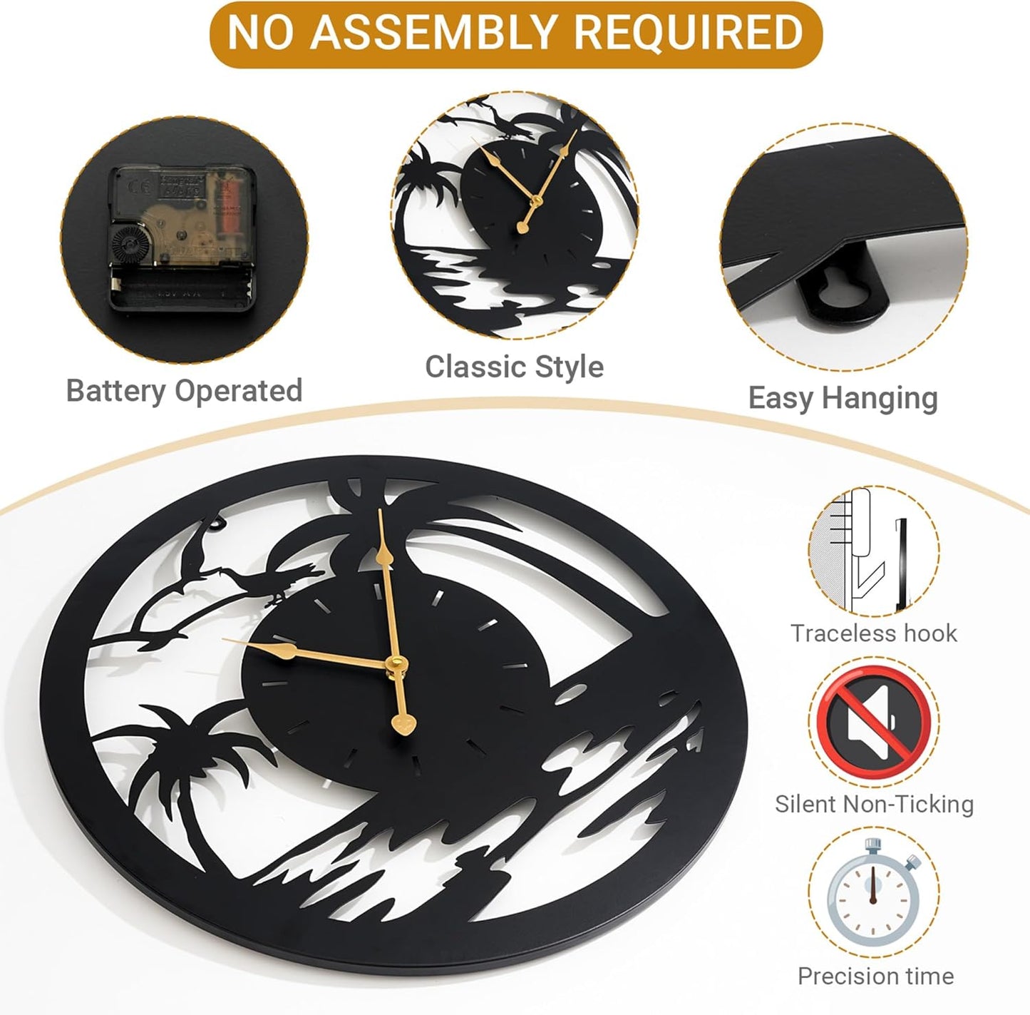 20inches/50cm Wall Clocks Palm Tree Battery Powered No Ticking Silent Round Black Modern Unique Metal Wall Clocks Suitable Living Room Kitchen Bedroom Fireplace Office Farmhouse。
