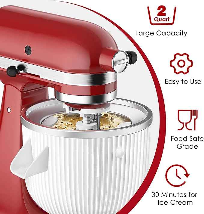 Ice Cream Maker Attachment for KitchenAid Mixers, Fits KitchenAid 4.5/5QT & 6QT Stand Mixers, Frozen Ice Cream & Sorbet Gelato Maker for KitchenAid, 2 Quart, White(Machine/Mixer Not Included)