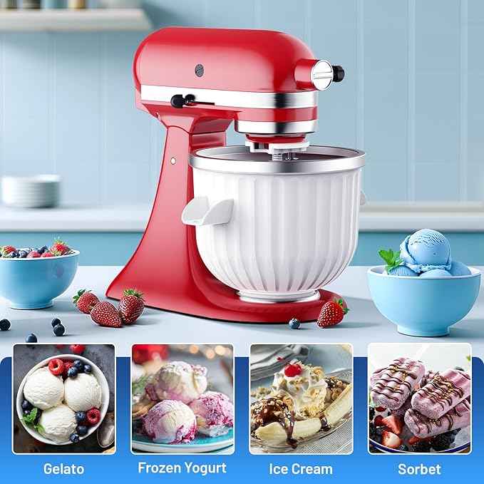 Ice Cream Maker Attachment for Kitchenaid Stand Mixers, Ice Cream Maker Machine Compatible with 4.5QT and Larger KitchenAid Mixers, 2-Quart Capacity, Sorbet and Gelato Maker Accessory by TPGSING