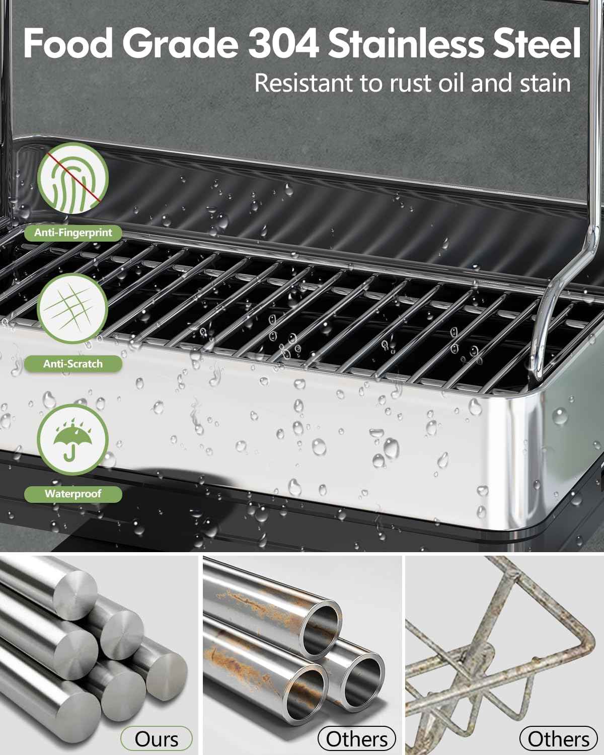 BOOSINY Extra Large Two Tier Stainless Steel Dish Drainer Drying Rack with Drainboard for Kitchen Counter, Modern Black and Silver, Rust Proof Metal, Space Saving Countertop Big Plate Dryer and Tray