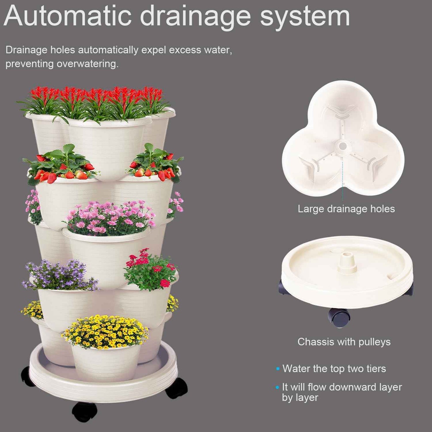 5-Tier Vertical Garden Tower Stackable Planter for Strawberries, Flowers, Vegetables & Herbs Beige