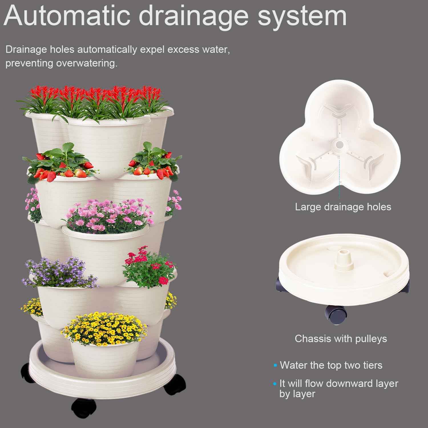 5-Tier Vertical Garden Tower Stackable Planter for Strawberries, Flowers, Vegetables & Herbs Beige