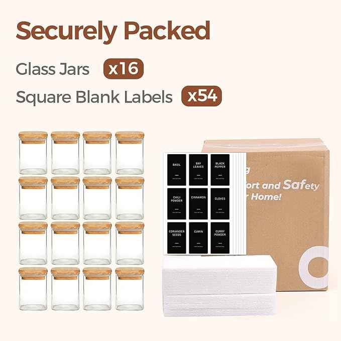 ComSaf Spice Jars with Label 4oz 16 Pack, Glass Spice Jars with Bamboo Lid, Mini Seasoning Containers with 54 Black Labels, Stackable for Kitchen, Pantry Organization, Loose Tea, Herbs, Powders, Salt