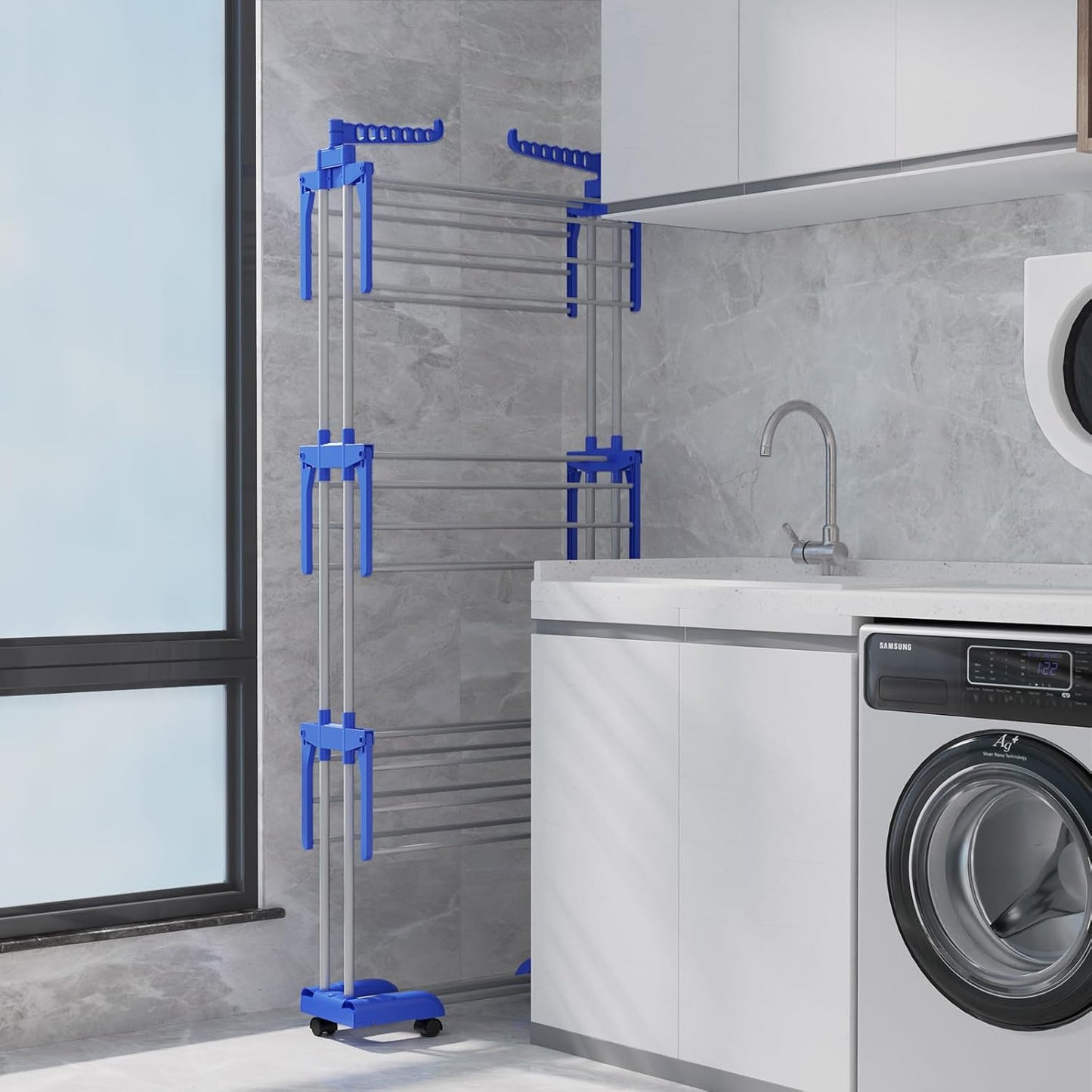 Bigzzia Clothes Drying Rack, 67.7 Inch Laundry Drying Rack with Foldable Base, 4 Tier Stainless Steel Drying Rack Clothing, Movable Laundry Rack for Indoor Outdoor-Blue