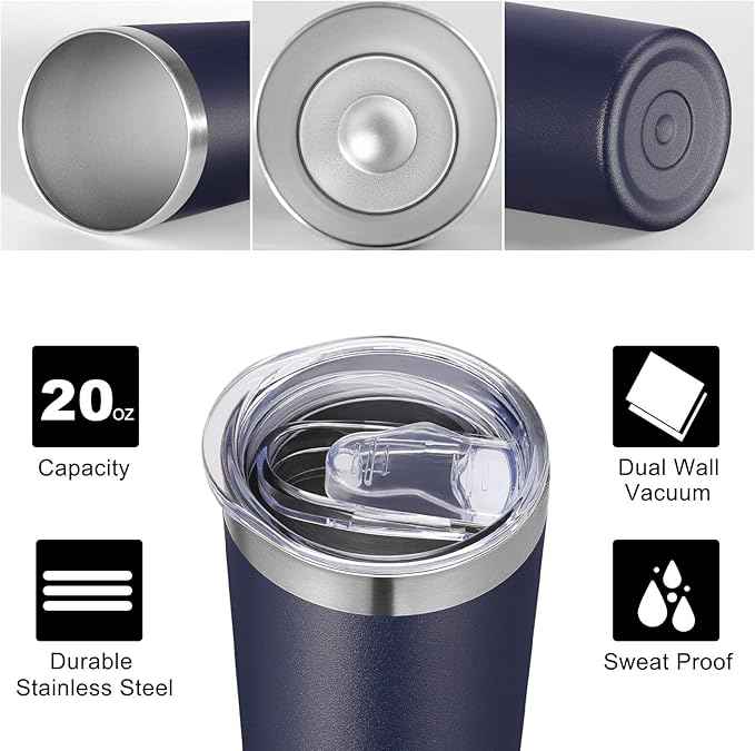 VEGOND Stainless Steel Tumblers Bulk 6 Pack, 20 oz Vacuum Insulated Skinny Tumblers with Lid and Straw, Double Wall Coffee Mug, Travel Water Cup, Navy Blue
