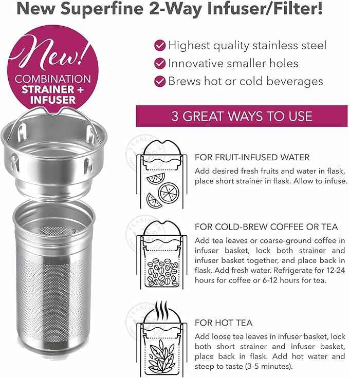 Teabloom ORIGINAL All-Purpose Beverage Tumbler - 16 oz - 480 ml - Brushed Metal Insulated Water Bottle/Tea Flask/Cold Brew Coffee Mug - Extra-Fine Two-Way Infuser Travel Bottle - Ruby Red