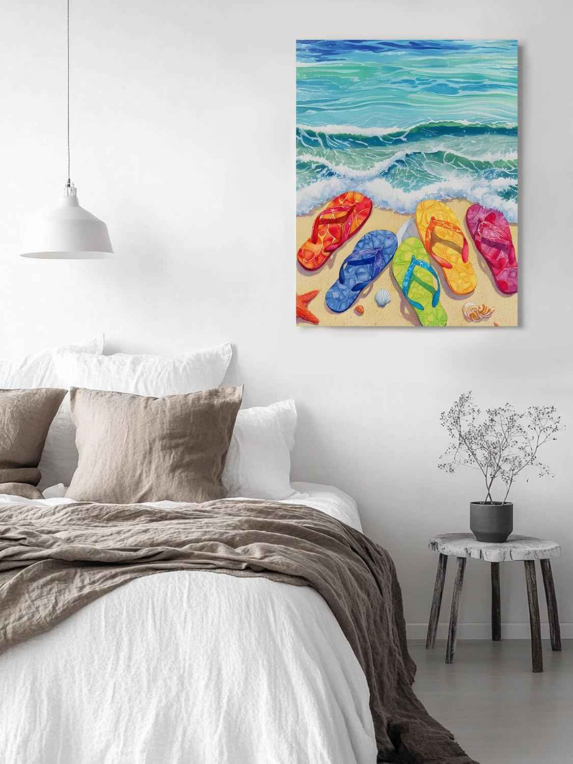 Watercolor Ocean Beach Slippers Canvas Wall Art Prints,Picture Wall Decor Paintings Sailing Boat Summer Vacation Framed Artwork for Living Room Bedroom Bathroom Office 48"x36",Ready to Hang