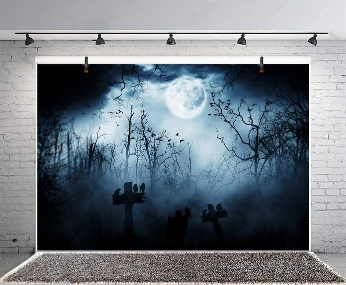 AOFOTO 10x7ft Moon Night Halloween Cemetery Photography Backdrop Flying Bats Birds Stand on Gravestone Cross Graveyard in Dark Forest Photo Background Cloth Vinyl Wallpaper Photo Studio Props Vinyl