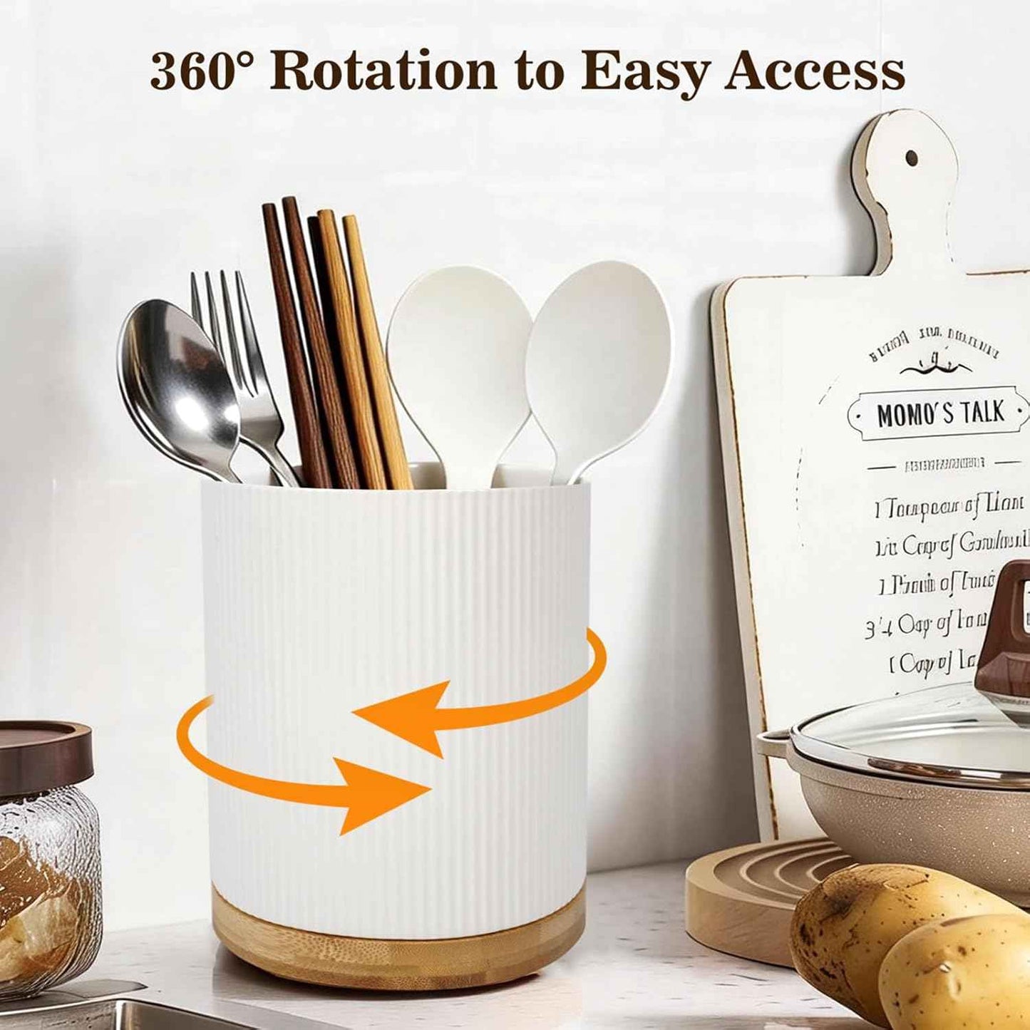 360° Rotating Utensil Holder for Kitchen Countertop, 7.76" Kitchen Utensil Holder, Rotating Utensil Crock, Extra Large Ceramic Utensil Holder for Kitchen (White)