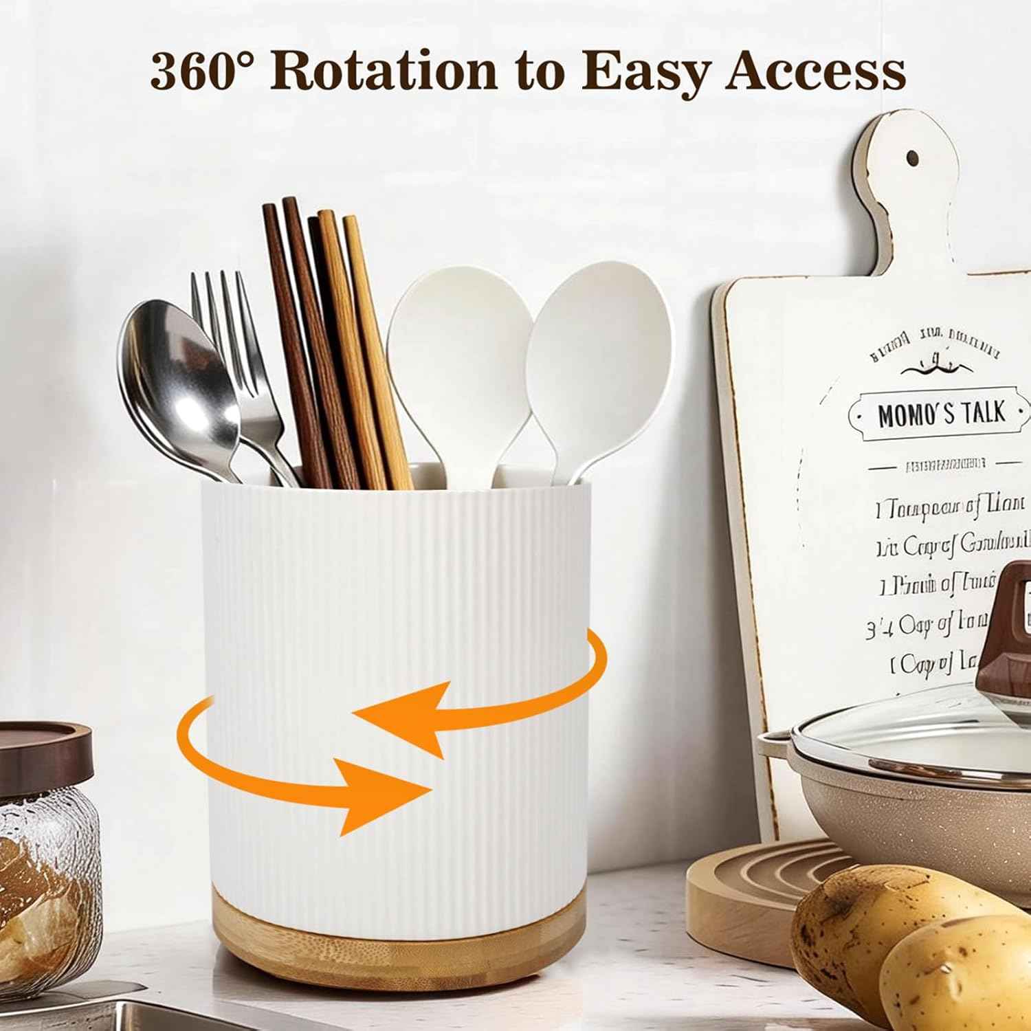 360° Rotating Utensil Holder for Kitchen Countertop, 7.76" Kitchen Utensil Holder, Rotating Utensil Crock, Extra Large Ceramic Utensil Holder for Kitchen (White)