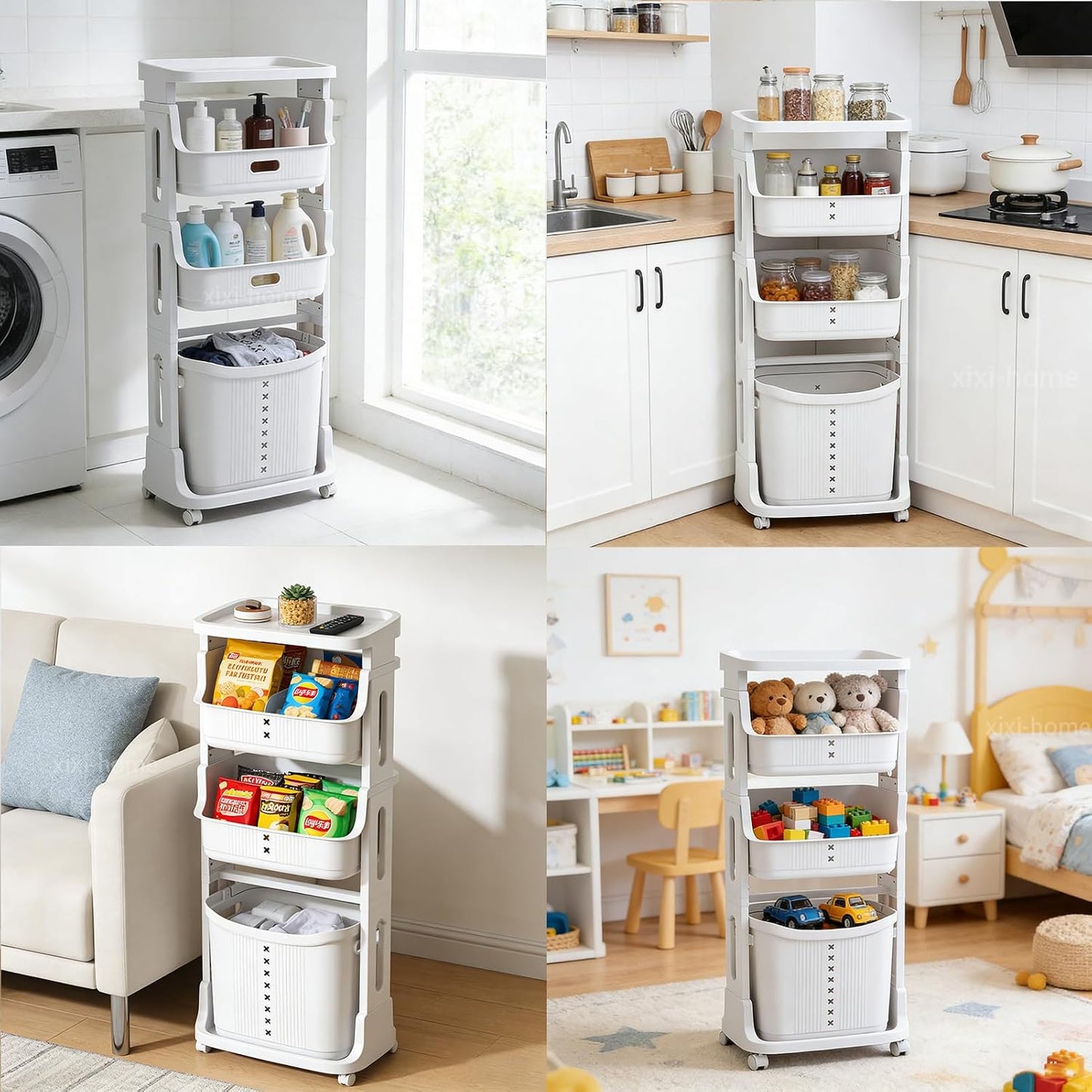 xixi-home 3-Tier Laundry Basket Organizer,Vertical Laundry Hamper Sorter with Wheels,Rolling Laundry Cart Dirty Clothes Hamper Removable Storage Basket for Dorm,Closet,Bathroom,Kitchen-White