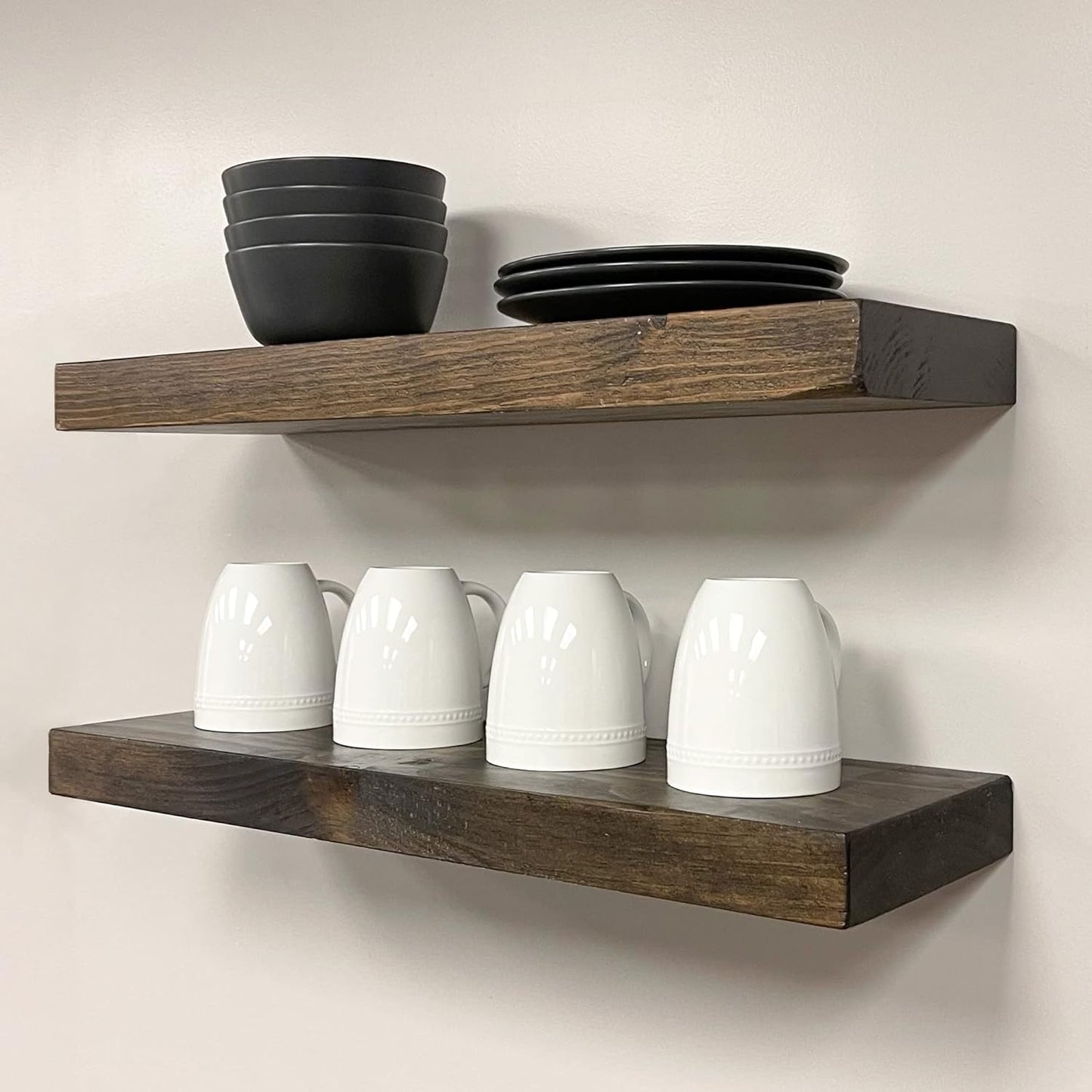 URBANDI, Rustic Floating Shelves, Set of 2, Hidden Bracket, Solid Wood, Heavy Duty, Wall Mounted Shelves, (Dark Brown, 36Wx10D)