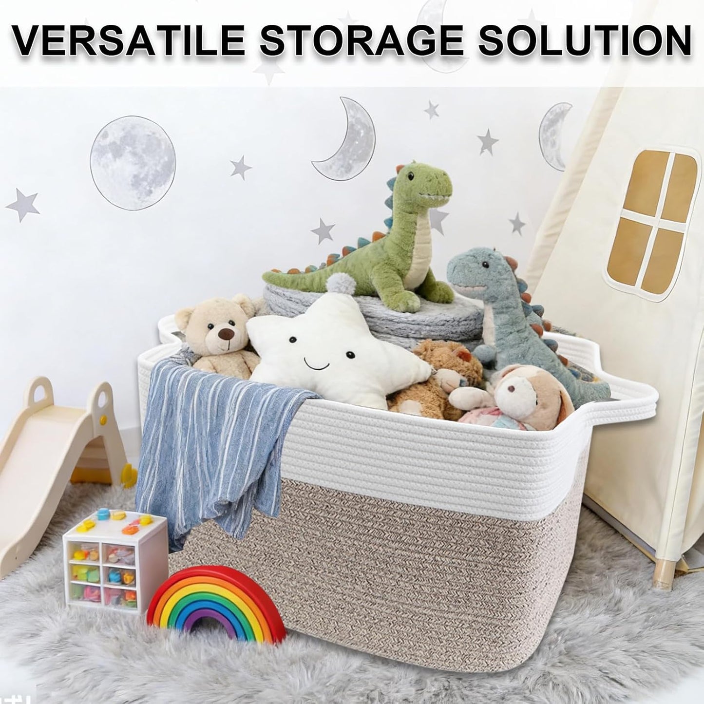 Large Blanket Basket,Woven Rope Basket Storage Bin with Handles,65L Rectangle Laundry Basket for Magazines,Toys,Clothes,Newspaper Shelf Organization,Nursery and Living Room,White & Brown