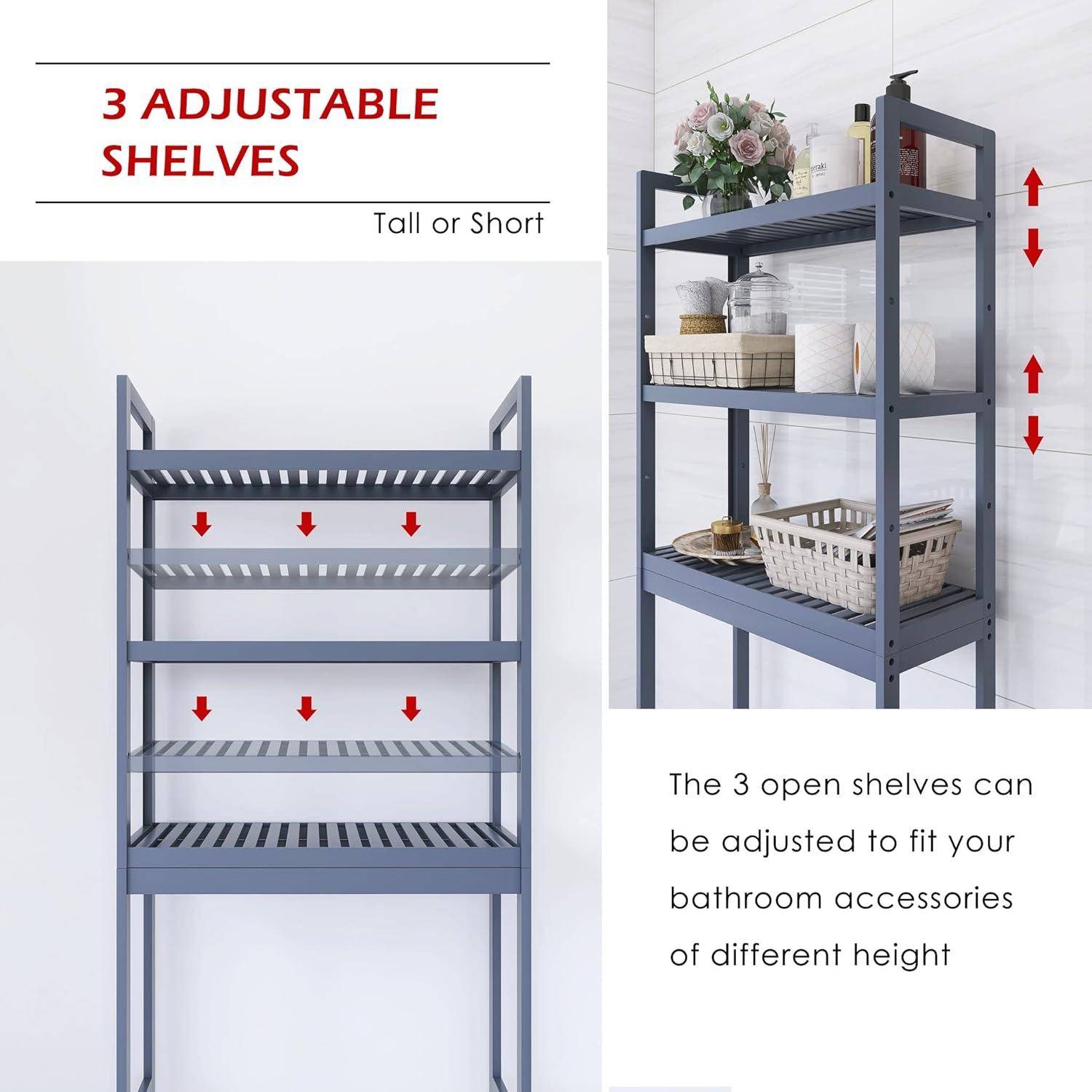 SMIBUY Bathroom Storage Shelf, Bamboo Over-The-Toilet Organizer Rack, Freestanding Toilet Space Saver with 3-Tier Adjustable Shelves (Grey) - Lumora Casa