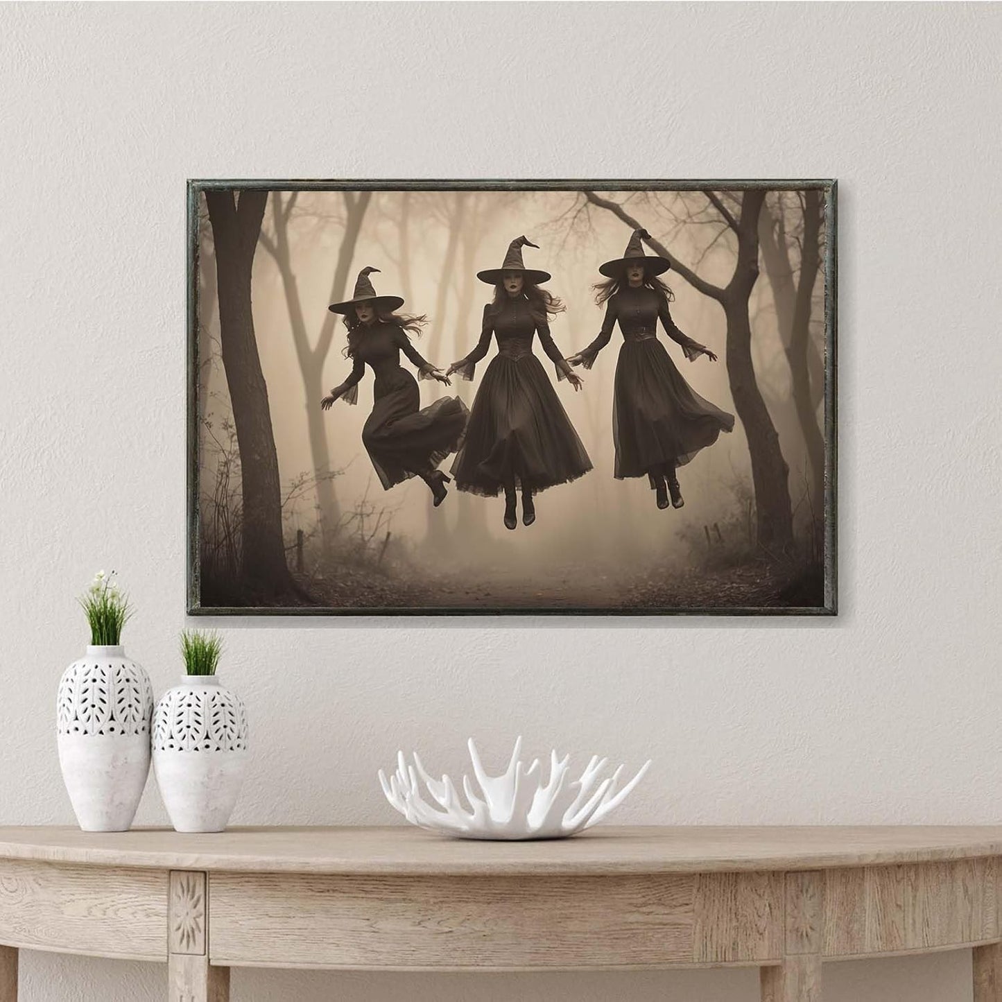JFHCQJPK Three ghost witches flying in vintage forest gothic wall art witchcraft decoration holiday gift canvas wall art print20x30in Metal blackFramed
