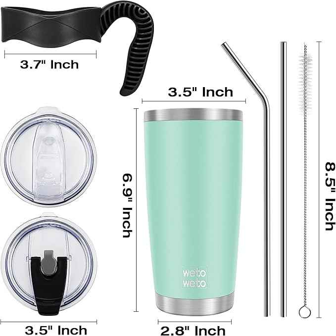 WETOWETO 20oz Tumbler with 2 lids and 2 straws, Stainless Steel Vacuum Insulated Water Coffee Tumbler Cup with Handle, Double Wall Powder Coated Travel Mug Thermal Cup (Light Green, 1 Pack)