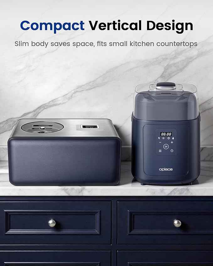 4-in-1 Compressor Ice Cream Maker (1.0Qt), No Pre-Freezing, Automatic Yogurt Maker, Gelato Sorbet Frozen Yogurt Soft Serve Machine, Compact Vertical Design for Home Kitchen(Blue)