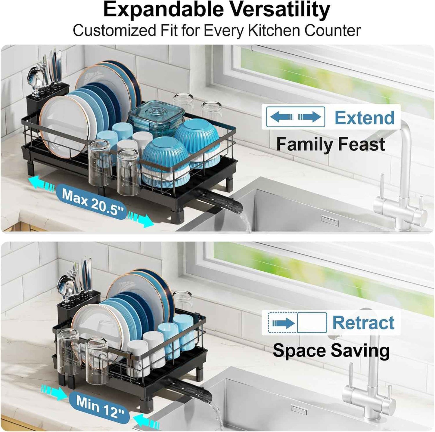 GSlife Expandable Dish Drying Rack for Kitchen Counter, 12-20.5 Inch Compact Dish Rack with Drainboard, Swivel Spout, Cup & Utensil Holder, Rust-Resistant Dish Drainer for Small Kitchen, RV, Black