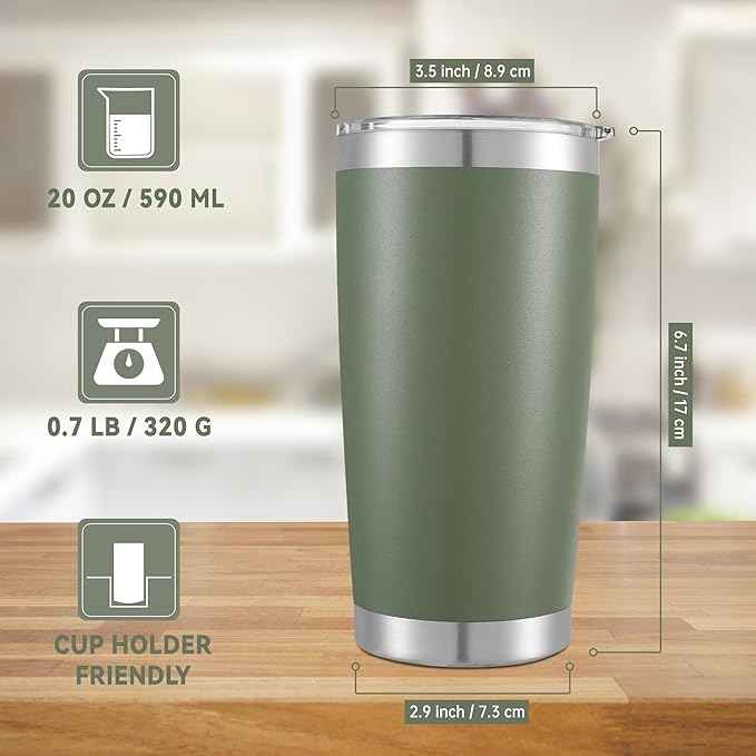 20 oz Tumbler Stainless Steel Tumblers with Lid Double Wall Vacuum Insulated Coffee Mug 20oz Powder Coated Cup for Hot and Cold Drinks, Army Green, 1 pack