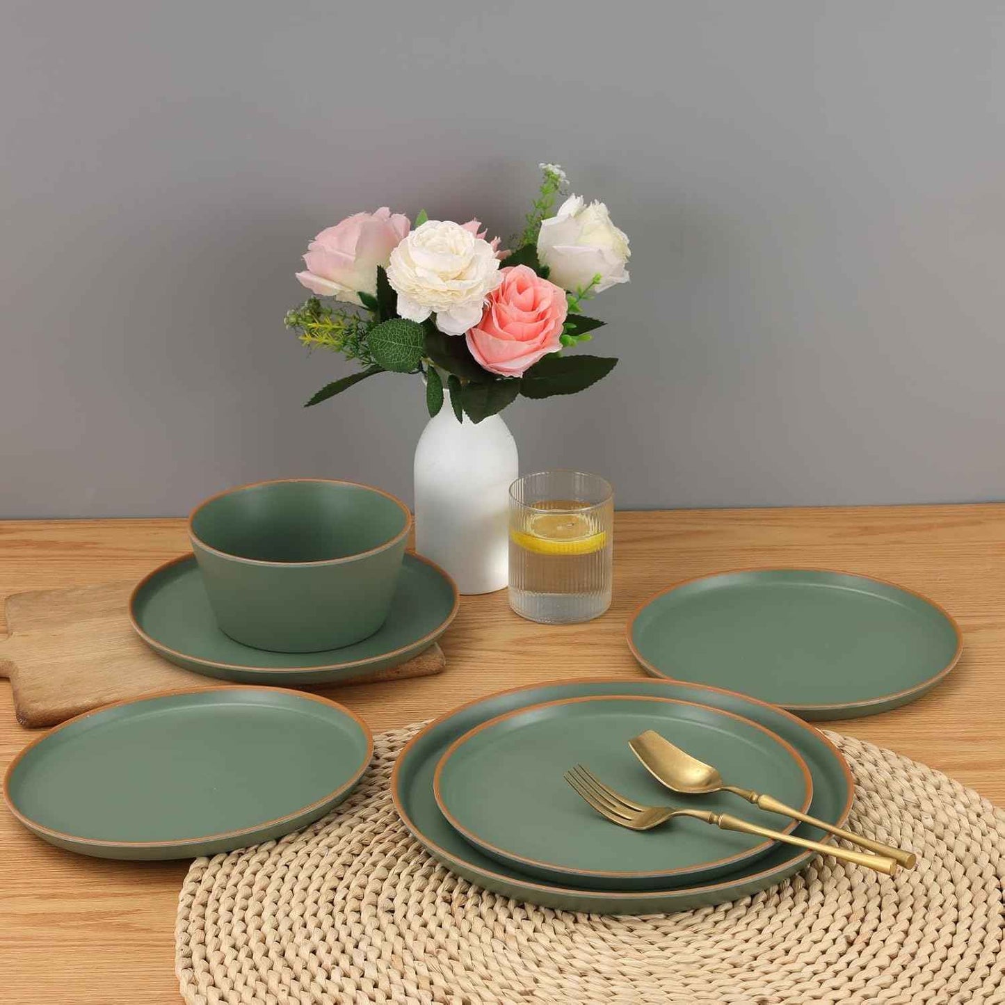 Melamine Dinnerware for 4, 12 Pieces Unbreakable Matte Plastic Plates and Bowls set, Kitchen Dish set BPA Free, Dishwasher Top Safe, Not Microwave, Not Oven (Green)