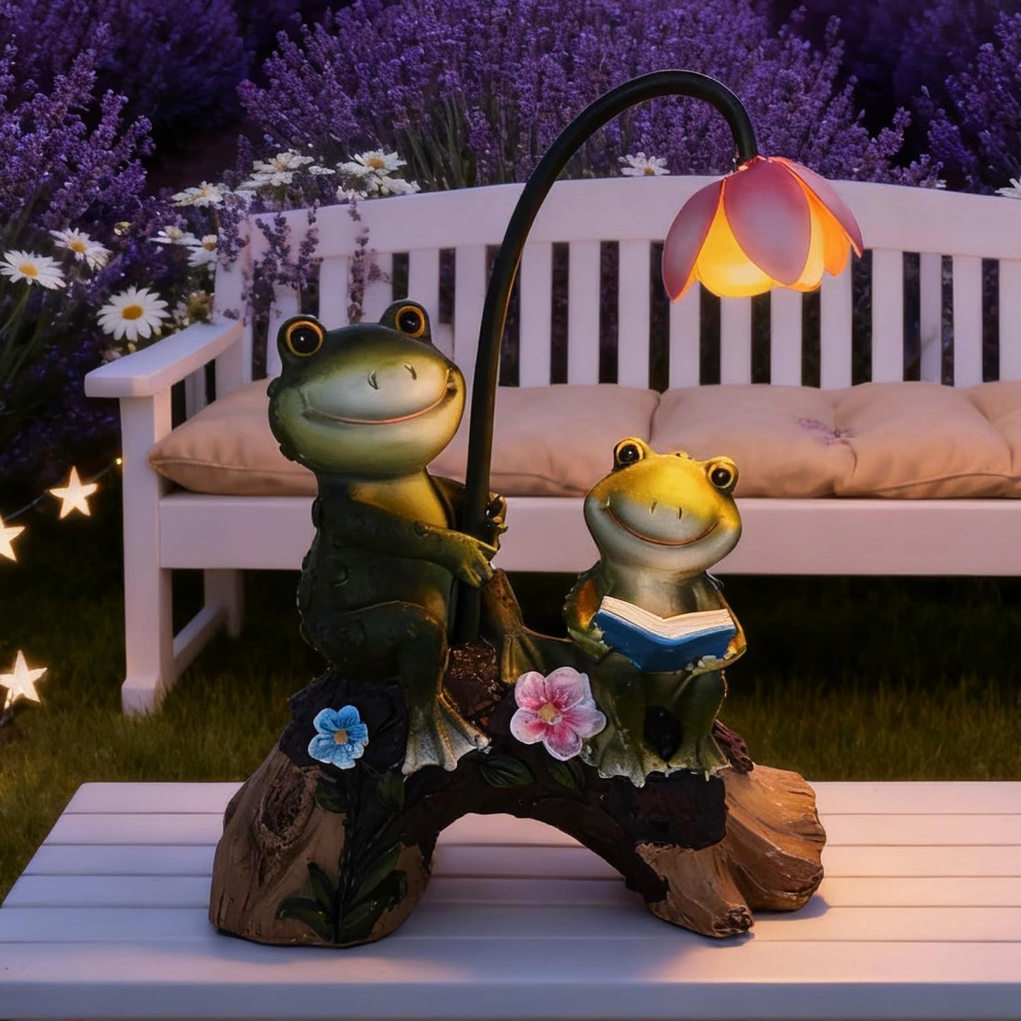 Solar Powered Frog Garden Statue with LED Flower Light, Resin Frog Family Figurine for Outdoor Patio Yard Lawn Decor, Cute Animal Garden Sculpture
