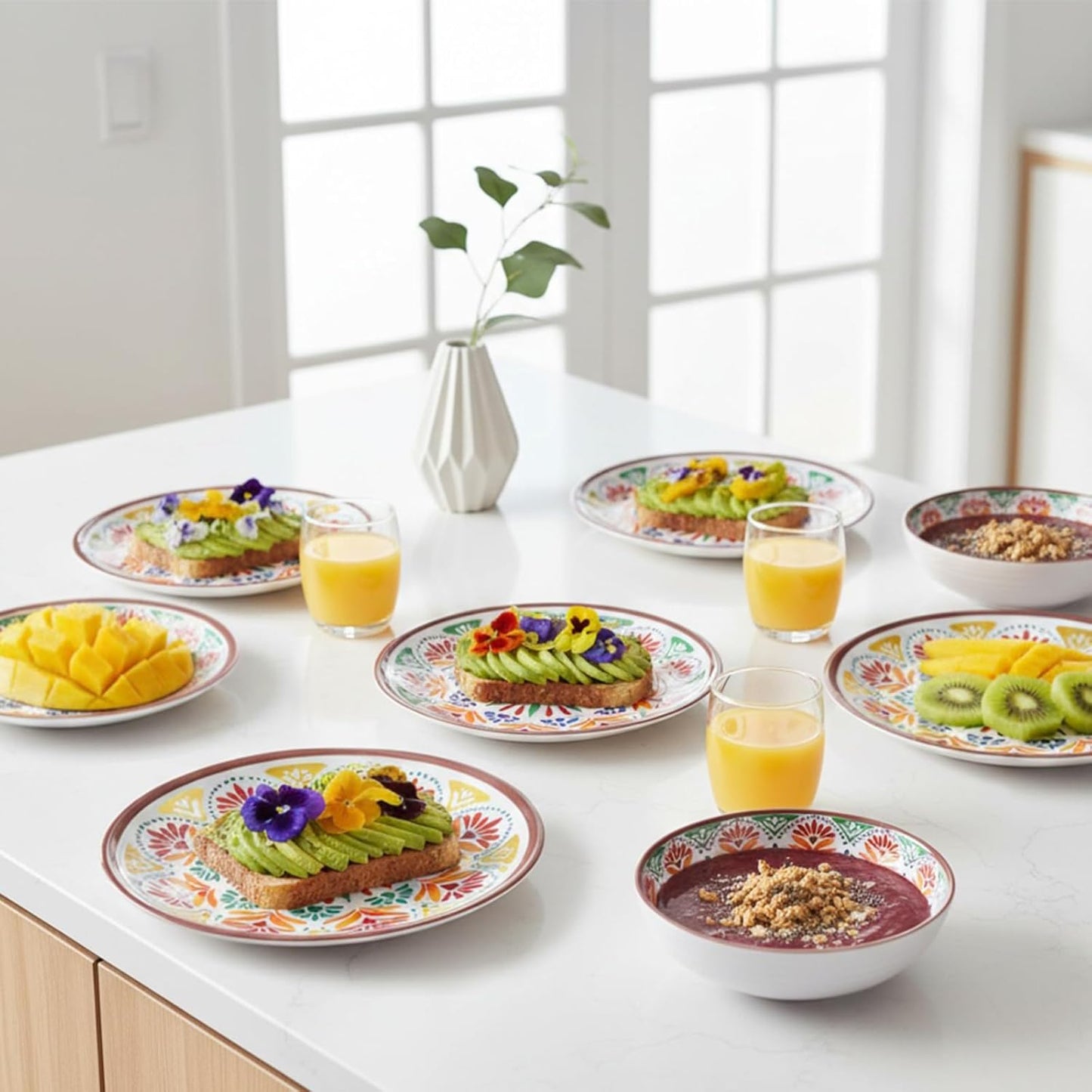 12-Piece Melamine Dinnerware Set,Service for 4, Durable Plate and Bowl, Floral Pattern Tableware for Parties & Home, Dinner Salad Dessert Plates, and Cereal Bowls Set,Housewarming Wedding Gift - Brown