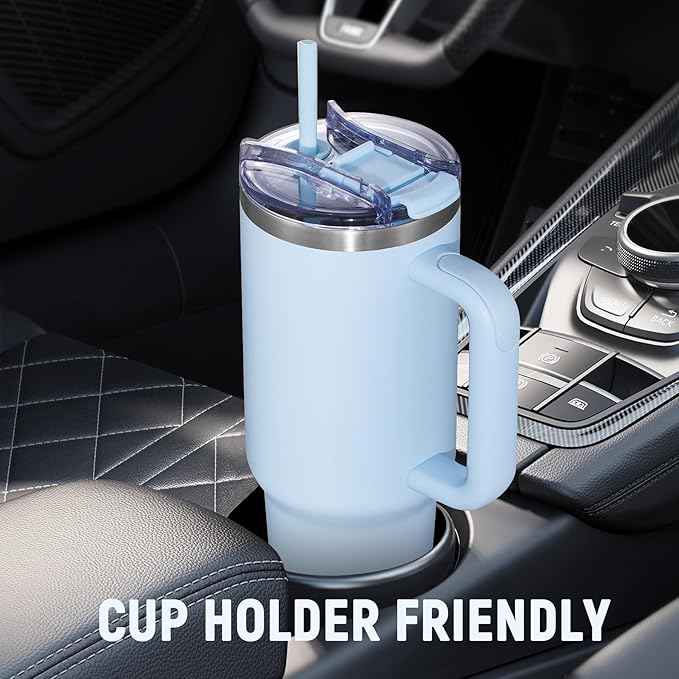 COKTIK 40 oz Tumbler With Handle and Straw, Insulated Tumbler With Leakproof Lids, Stainless Steel|BPA-Free, Cold for 24 H (Silent Sky)