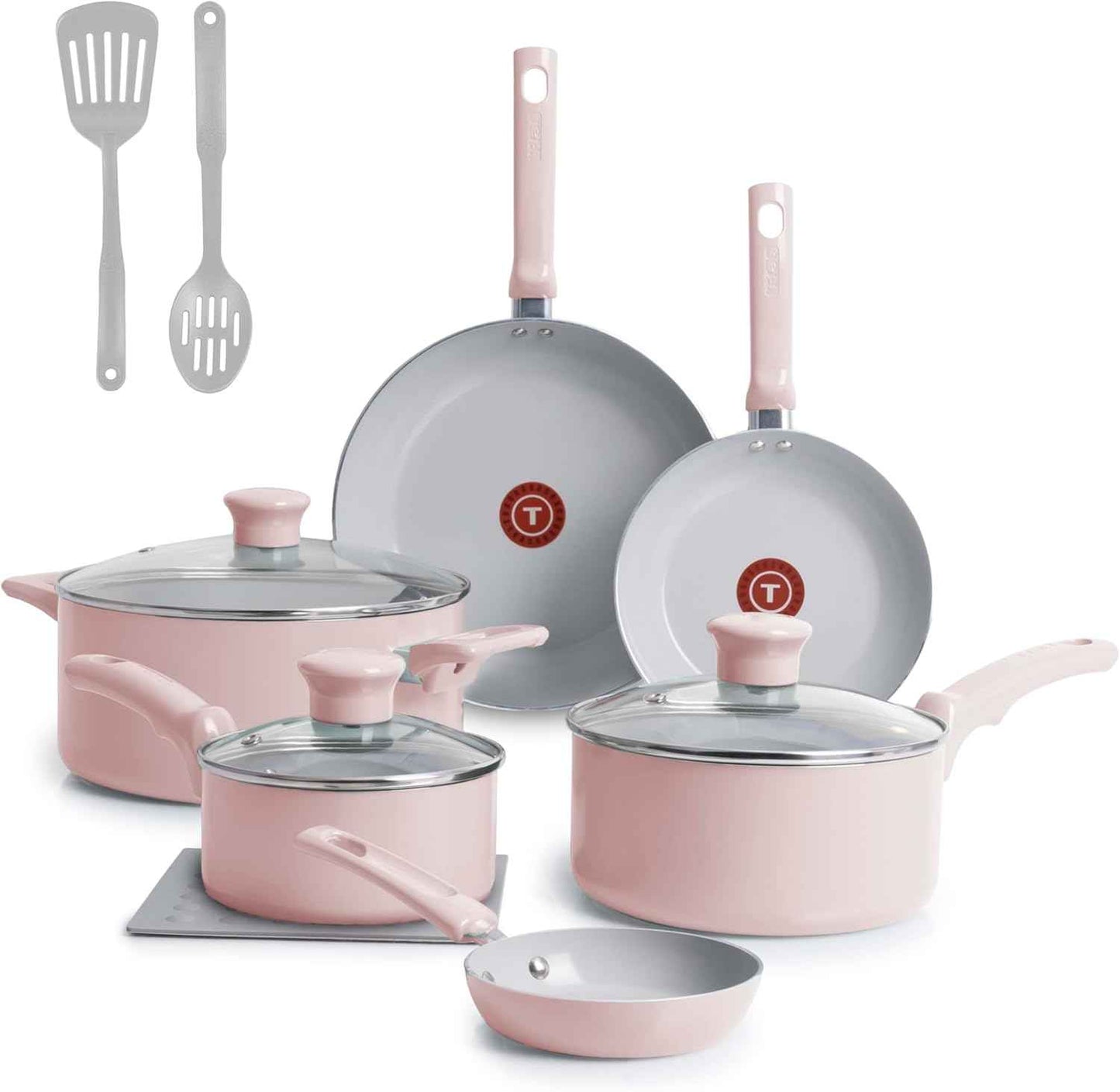 T-Fal Refresh Ceramic Nonstick Cookware Set, 12-Piece Ceramic Pots and Pans Set, Oven Safe to 350°F, Includes Stockpot, Griddle, Frying Pans, & Utensils, Dusty Rose