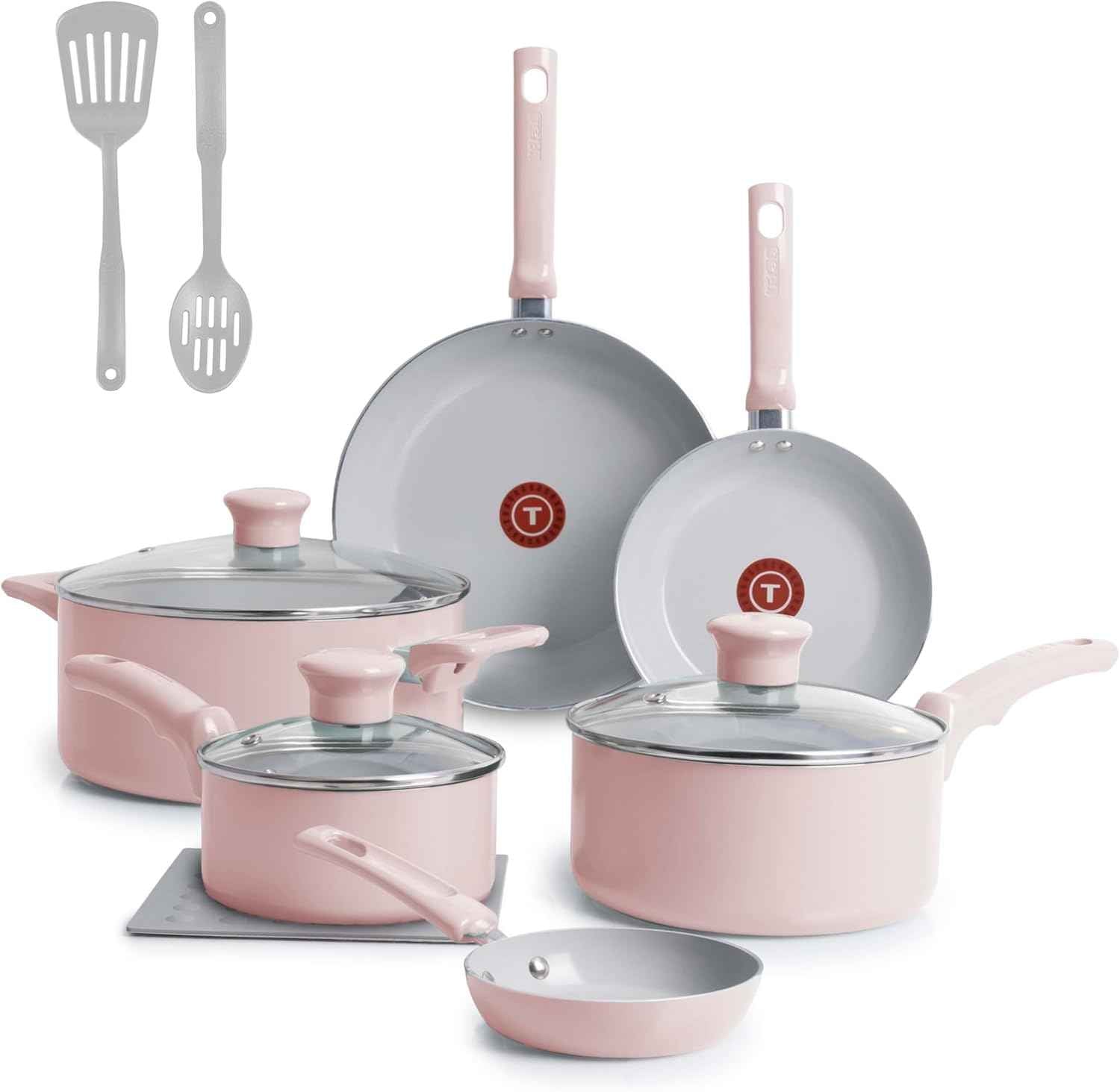 T-Fal Refresh Ceramic Nonstick Cookware Set, 12-Piece Ceramic Pots and Pans Set, Oven Safe to 350°F, Includes Stockpot, Griddle, Frying Pans, & Utensils, Dusty Rose