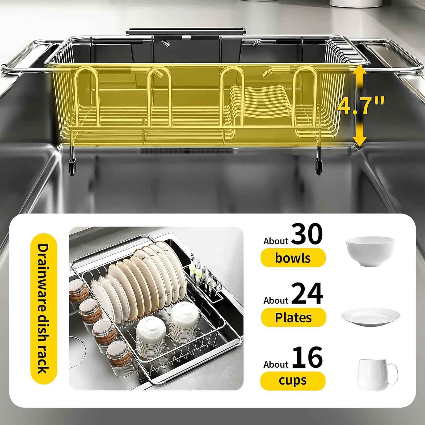 PureBox Expandable Over The Sink Dish Drying Rack - Adjustable Stainless Steel Dish Rack for Kitchen Counter or In-Sink, Heavy-Duty Rust-Proof Space Saving Drainer with Utensil Holder (15.5" to 23.2")