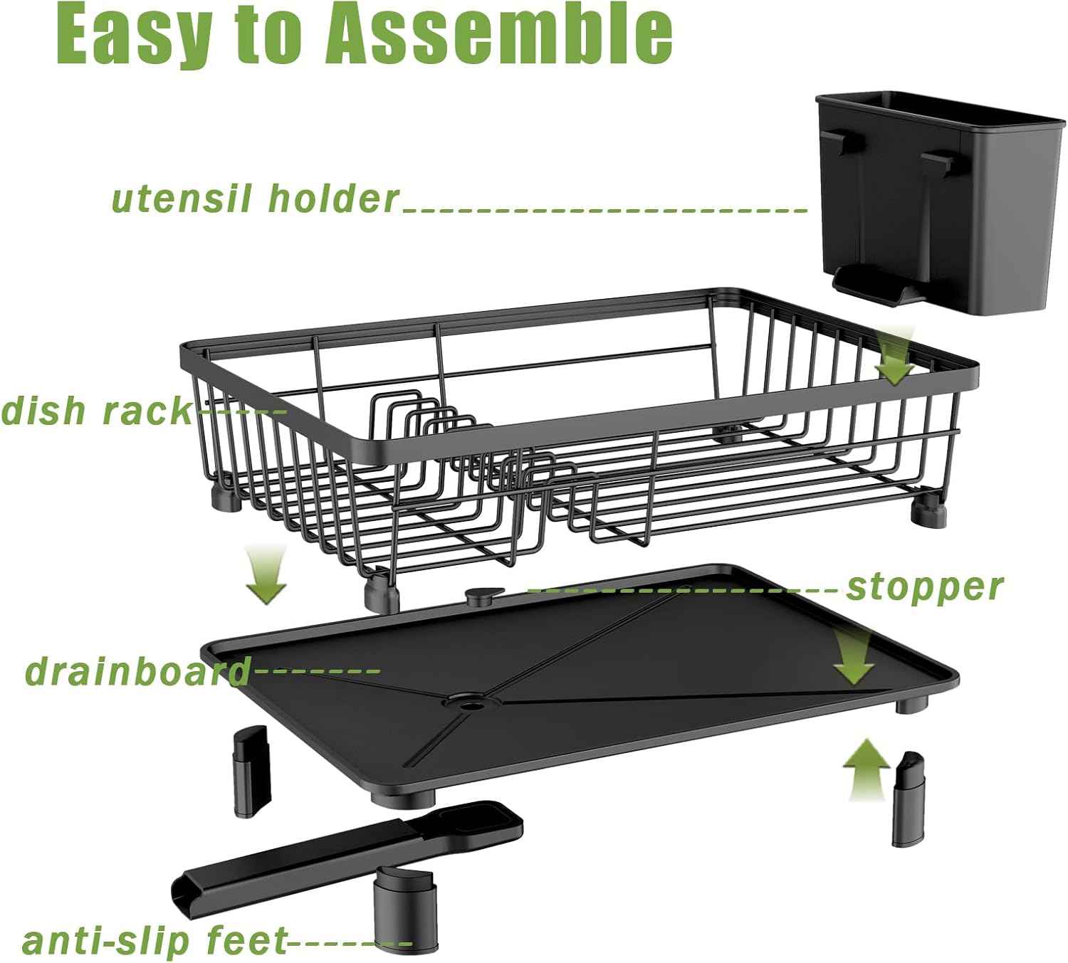Dish Drainer Rack with Drip Tray, Sink Dish Drainer with Drainage Spout, Stainless Steel Dish Drying Rack with Cups, Utensil & Cutting Board Holders for Kitchen Counter Space-Saving, Black