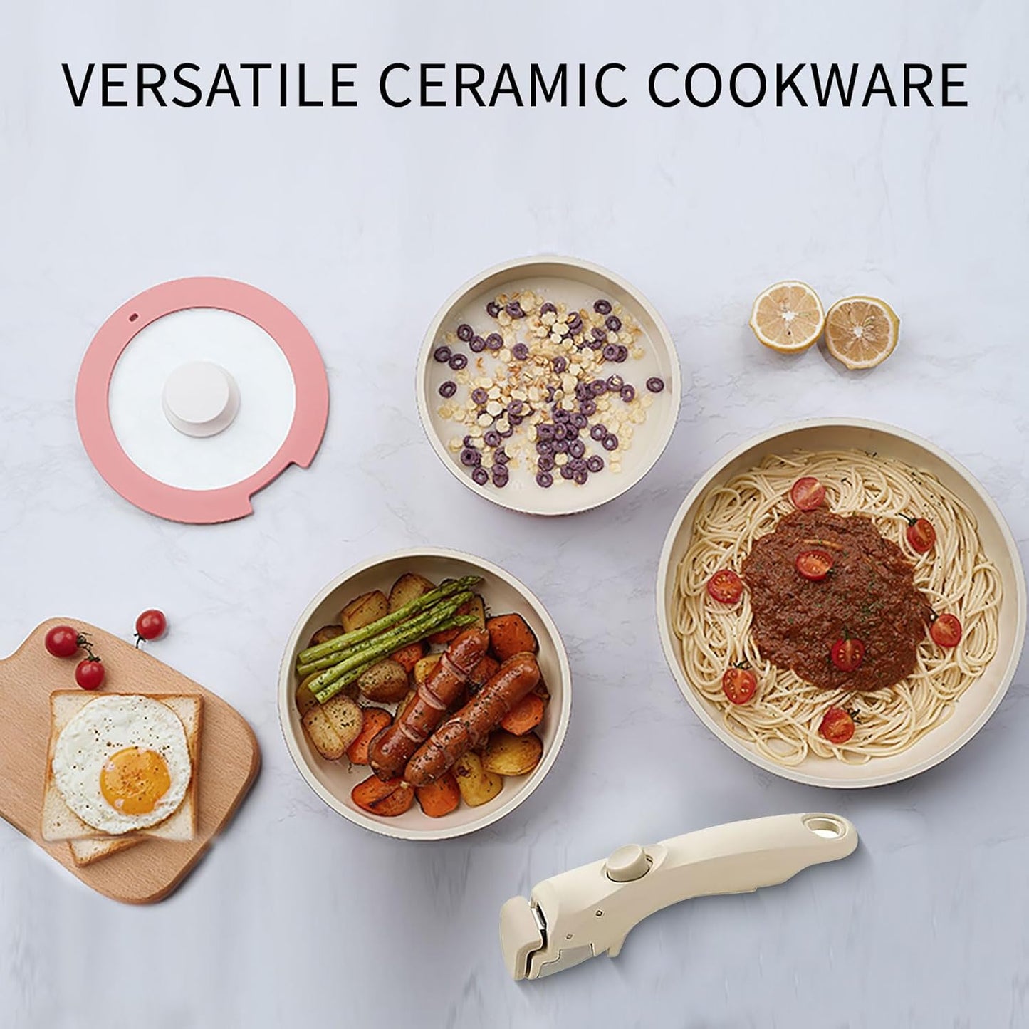 IKTU Ceramic Pots and Pans Set Non Stick Pink, 5Pcs Nonstick Cookware Set with Detachable Handle RV Camping Induction Kitchen Cookware Set Non Stick, PFAS PFOA & PTFE Free