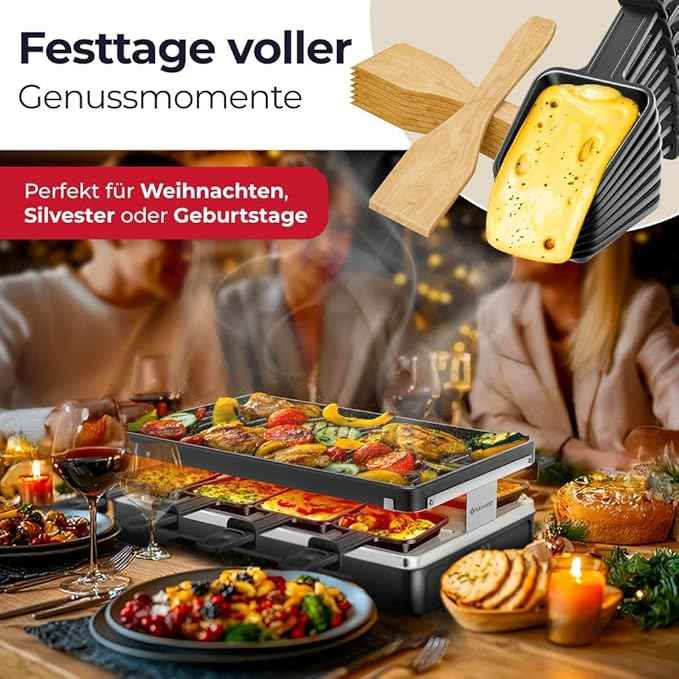 KESSER® Raclette Grill with Natural Grill Stone, Grill Plate Table Grill for 8 People, Electric Grill Raclette Grill with Non-Stick Coating, 8 Pans and Wooden Spatula 1200W (Black)