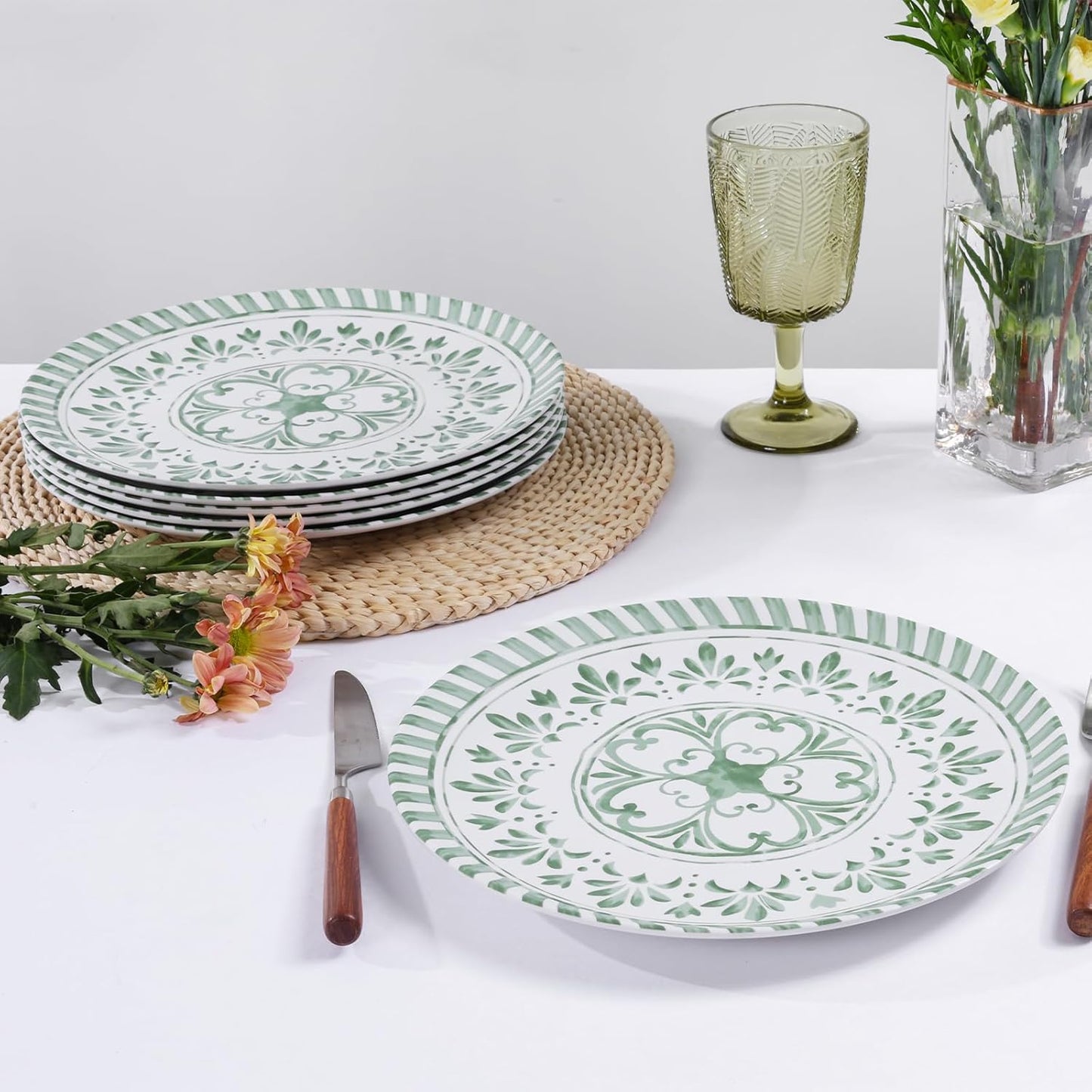 Melamine Dinner Plate, 10.75 Inch Plates Set, 6pcs Dishes Sets,Outdoor Plates with Embossed Design, Unbreakable,Durable&Lightweight,Dishwasher Safe,Green and White Plate