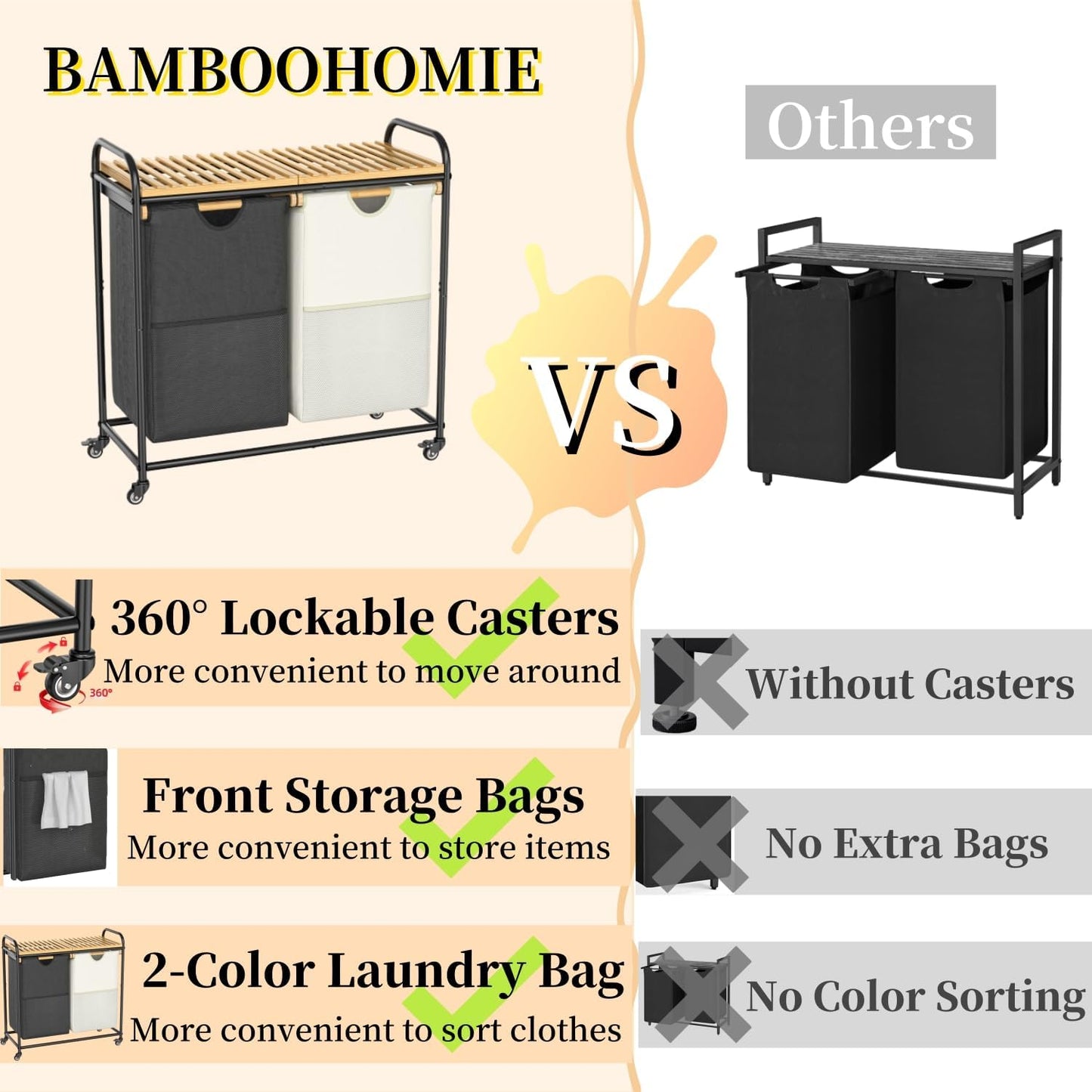 Laundry Hampers 2 Section, Laundry Sorter with Removable Shelf and Pull-Out Bags, Clothes Hampers with Wheels Rolling Cart Basket for Laundry Room Bathroom, 2 x 50 L (Black White) - Lumora Casa