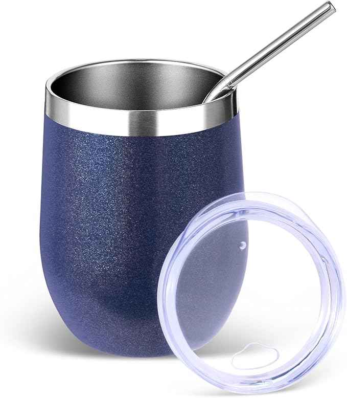 Volhoply 12oz Stainless Steel Wine Tumbler with Lid and Straw,Double Wall Vacuum Insulated Stemless Wine Glasses,Reusable Travel Coffe Mug for Cold Drinks,Tumblers Gifts for Women Men（Navy,1 Set）