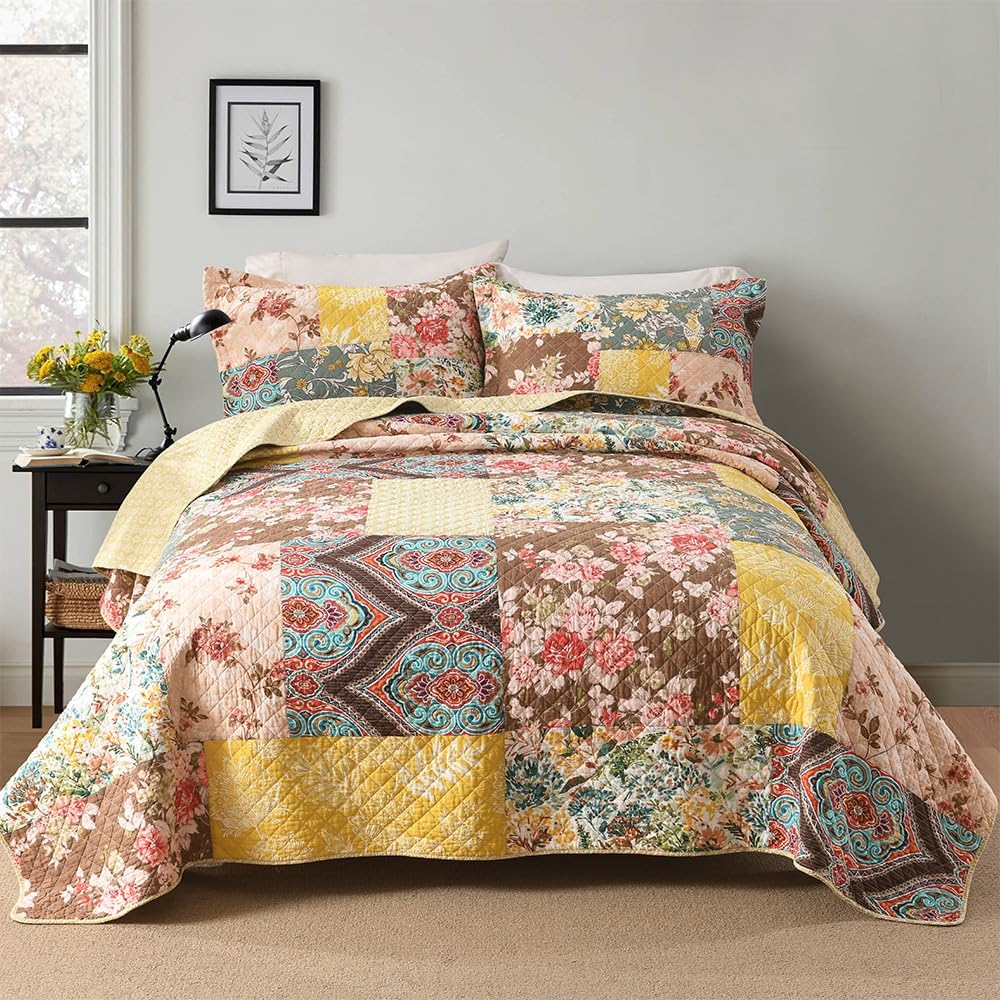 Autumn Dream Cotton Bedspread Quilt Sets Reversible Bedding Coverlet Sets, Luxury Vintage Floral Patchwork Yellow Bedspread,Queen Size