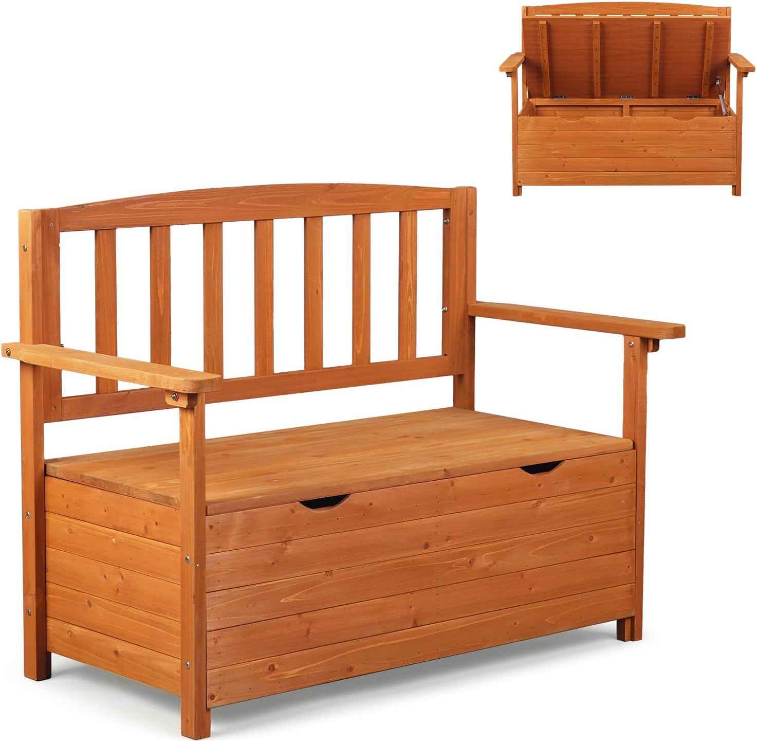 VINGLI Outdoor Storage Bench, Large Wood Deck Box with Seating, Weatherproof Outdoor Bench with Storage Loveseat, 2-Person Wooden Patio Bench for Entryway, Backyard, Garden