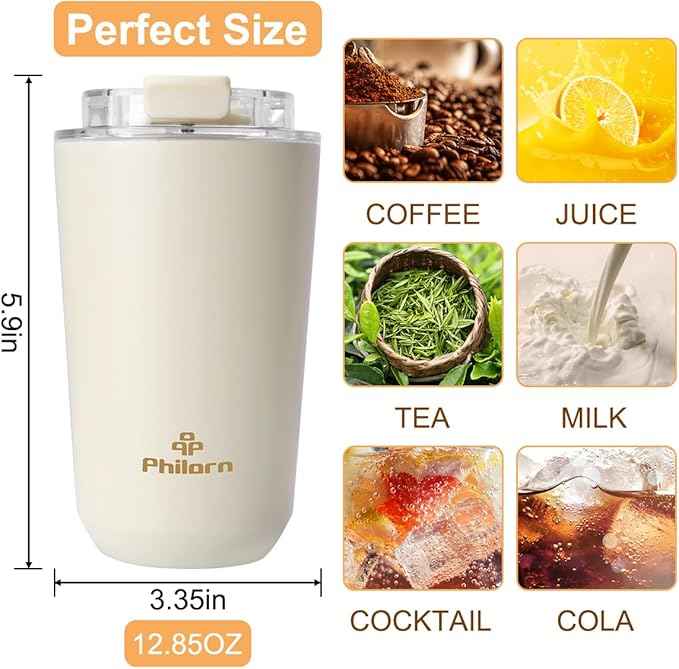 PHILORN Travel Coffee Mug, Coffee Cup-12 OZ Insulated With Lid, White Stainless Steel Coffee Mug with Double Wall, Thermal Cup for Hot & Cold Drinks